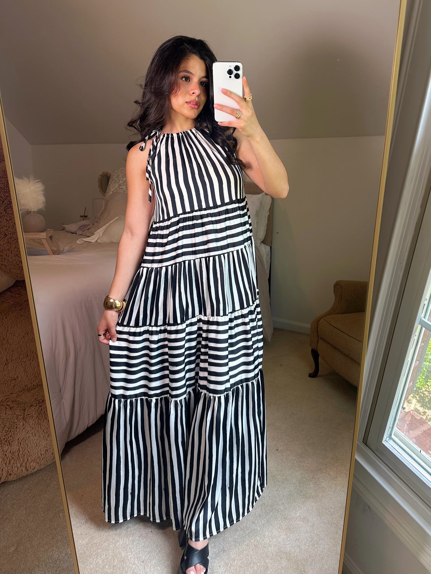 Black & White Striped Halter Maxi Dress