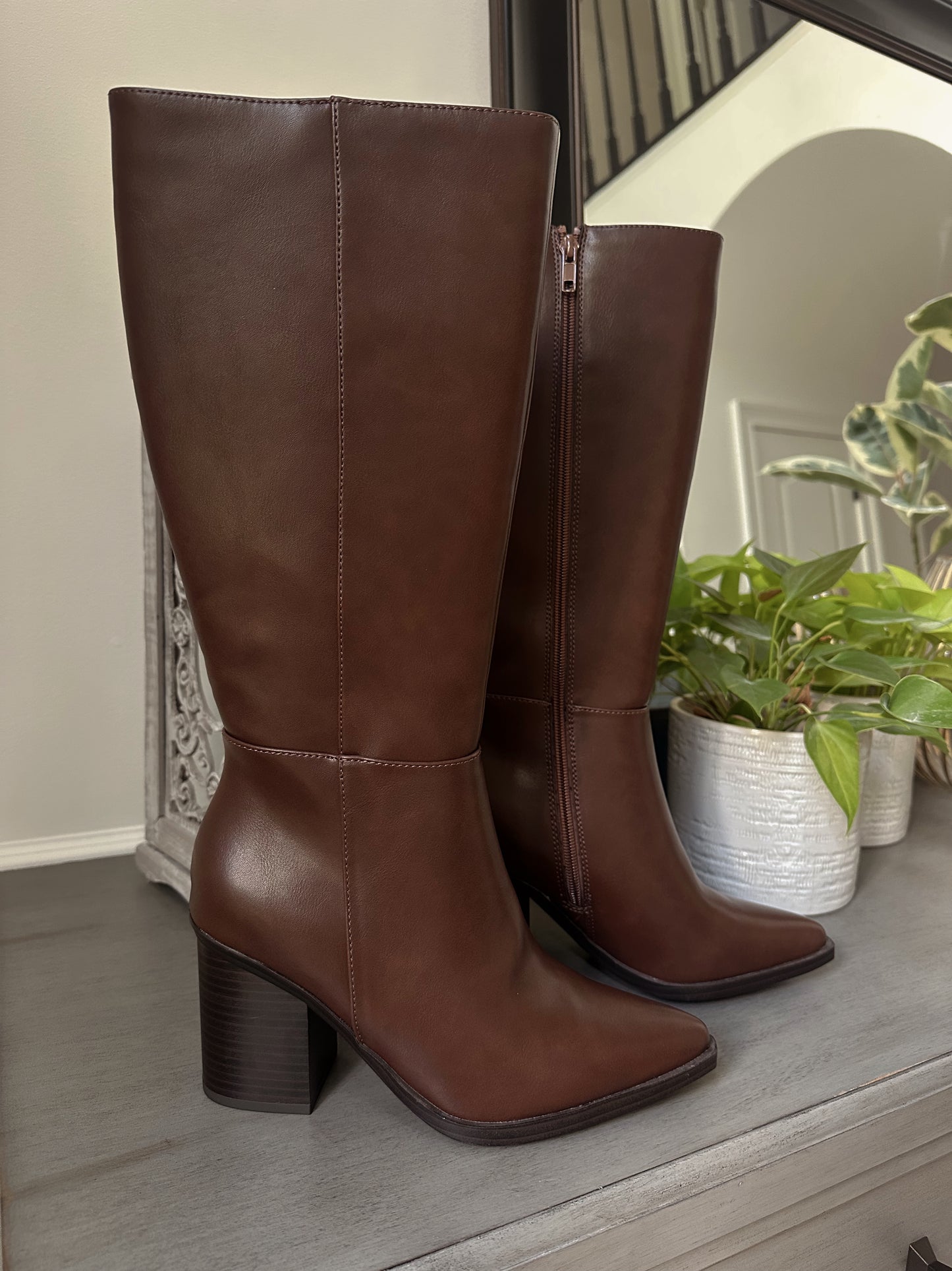 Brown Pointed Toe Knee-High Boot