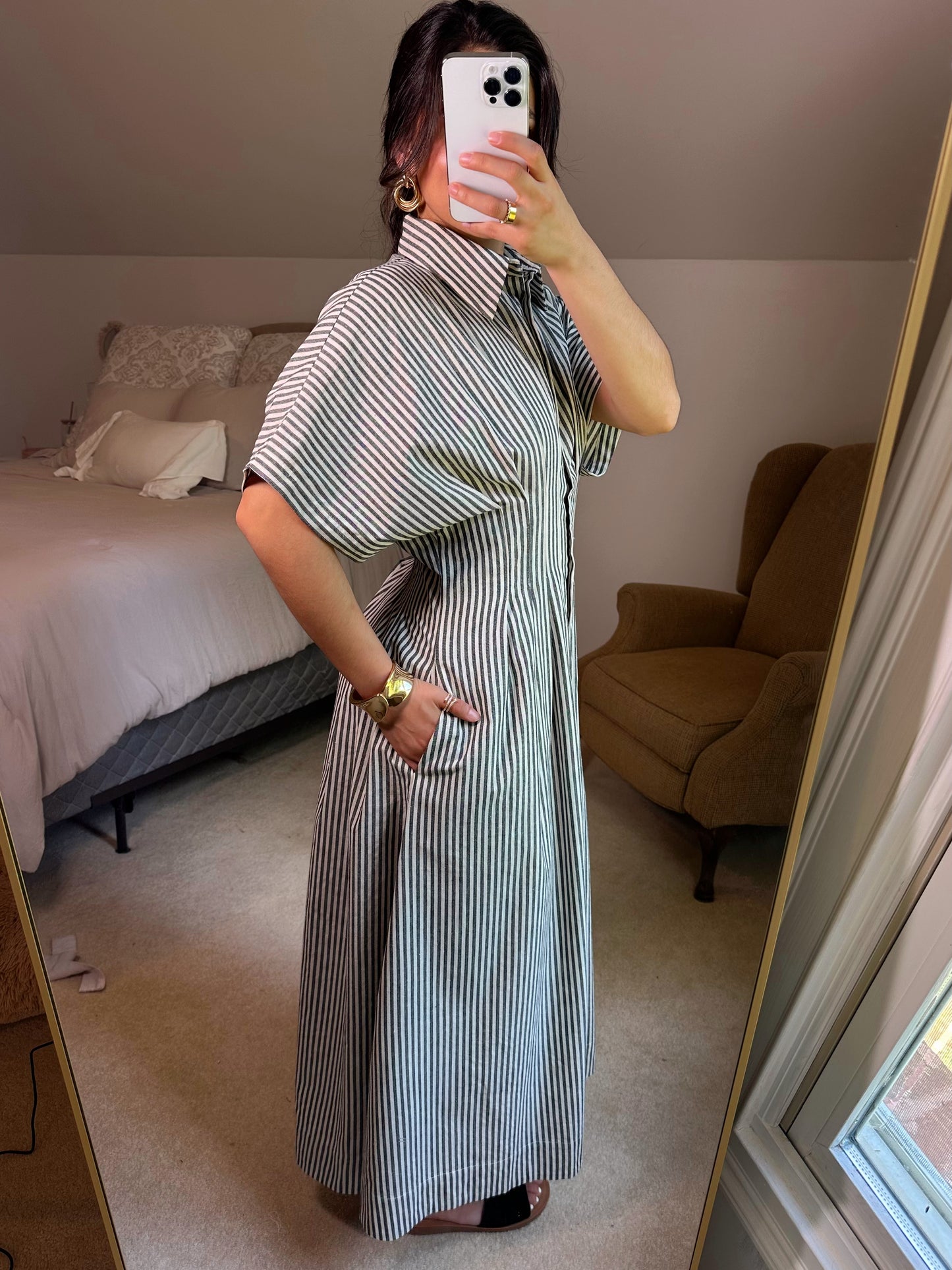 Black & White Striped Pleated Maxi Button Up Dress