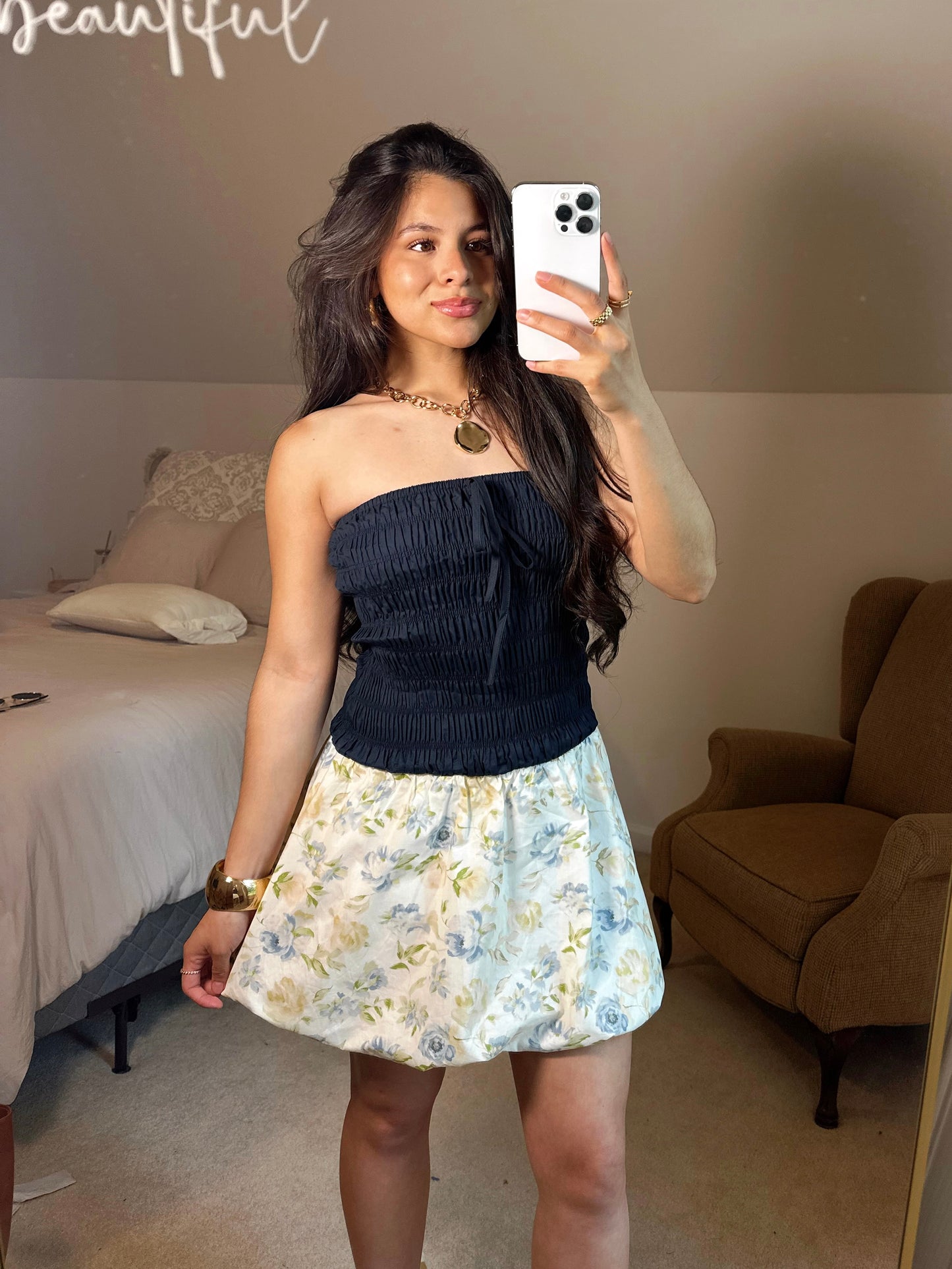 Cool Toned Floral Bubble Hem Mini Dress