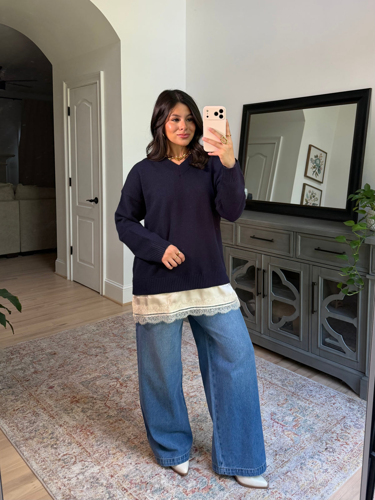 Navy Lace Trim Sweater