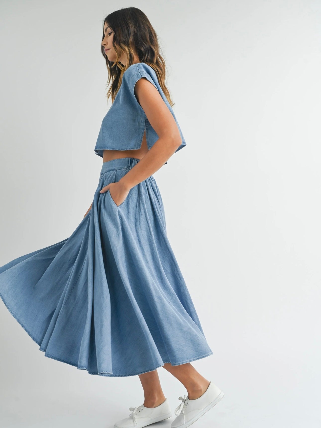 Denim Top and Poplin Pleated Skirt Set
