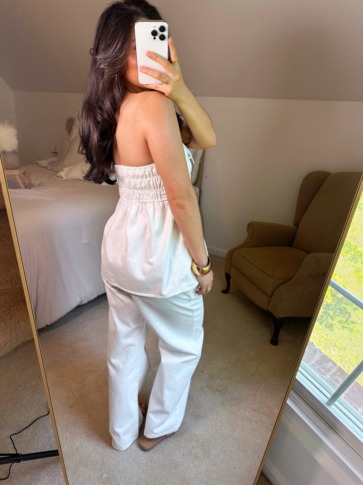 Ruched Top & Pant White Denim Set