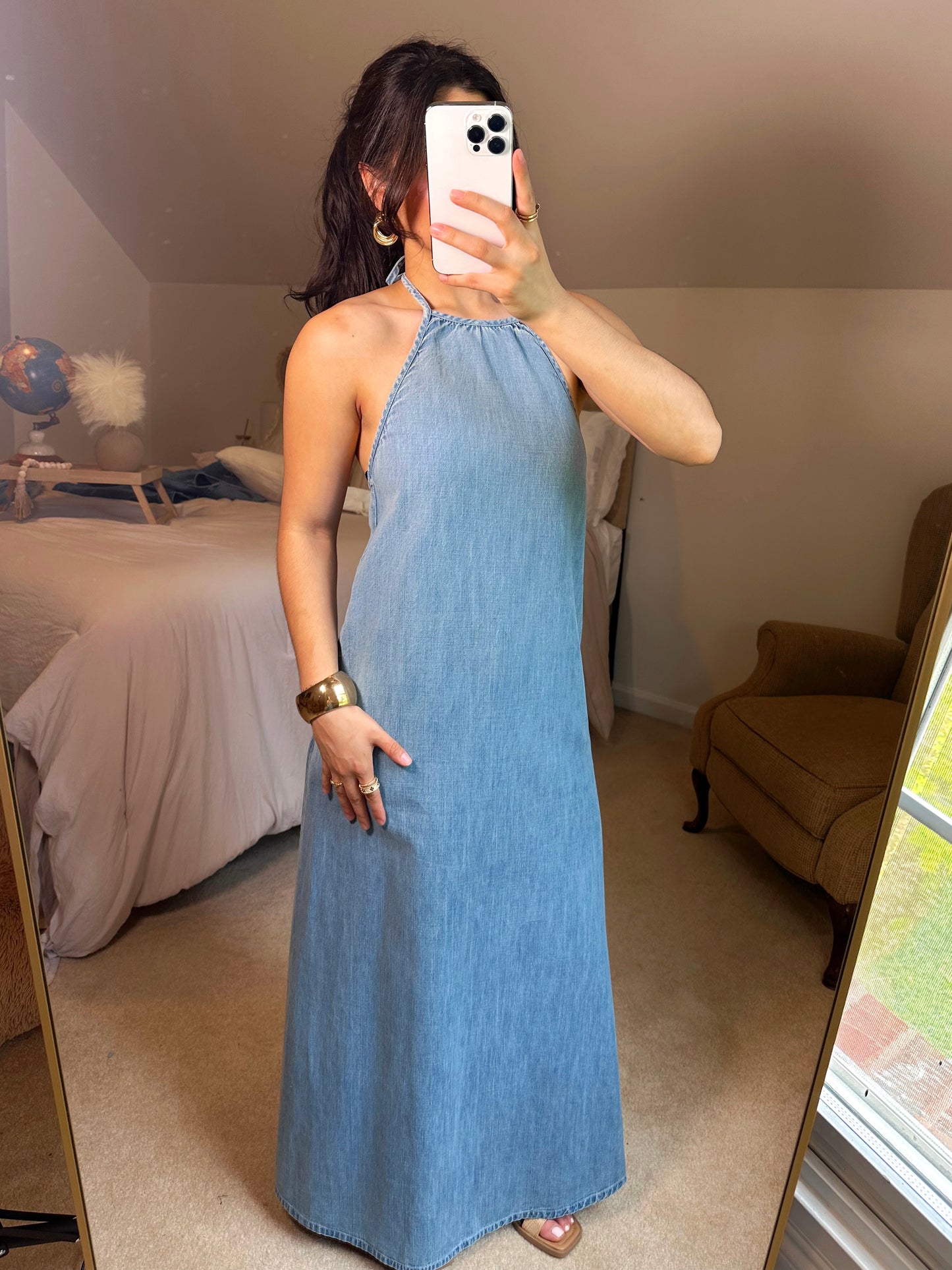 Denim Halter Open Back Maxi Dress