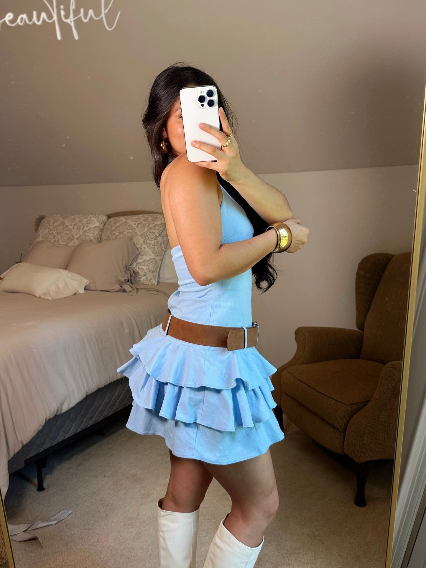 Baby Blue Ruffle Belted Halter Romper