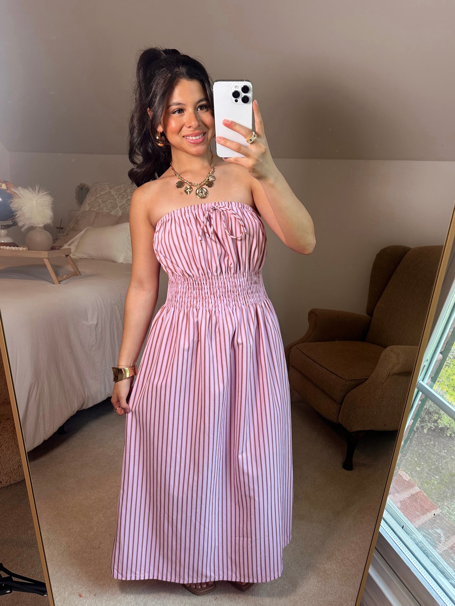 Pink Striped Tube Midi Dress