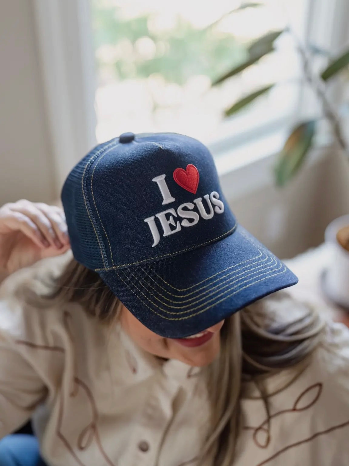 ‘I ❤️ Jesus’ Denim Embroidered Trucker Hat