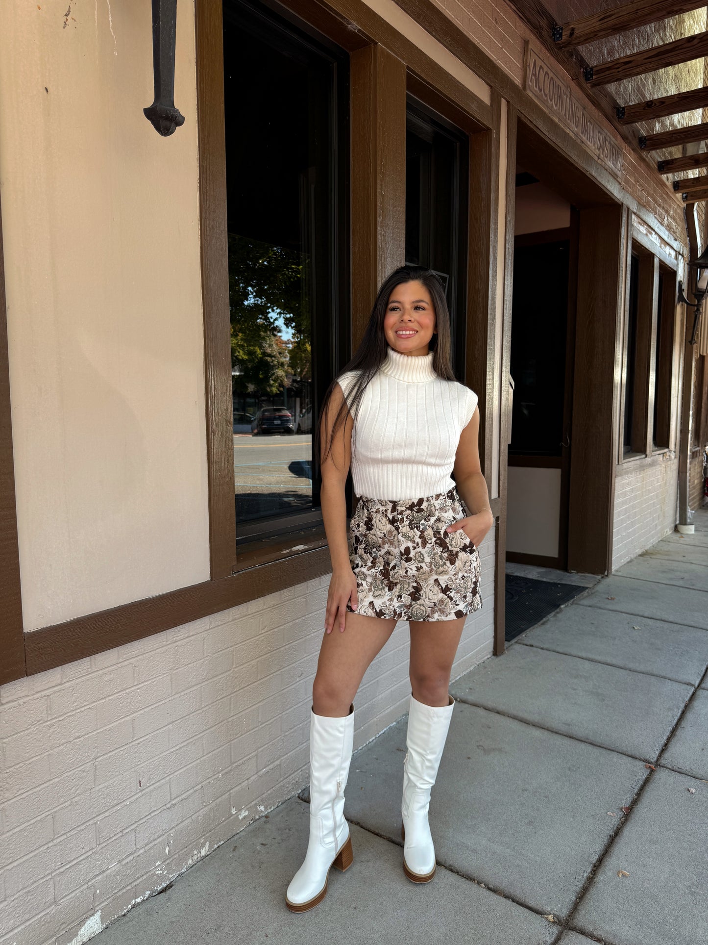 Brown Floral Jacquard Skort