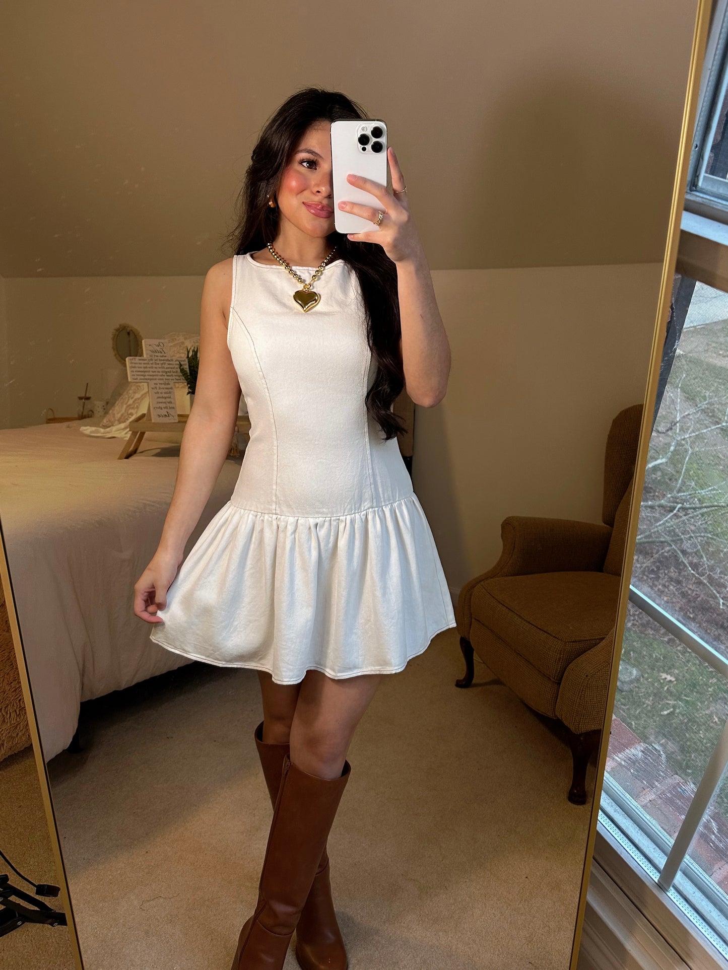 White Denim Drop-Waist Dress