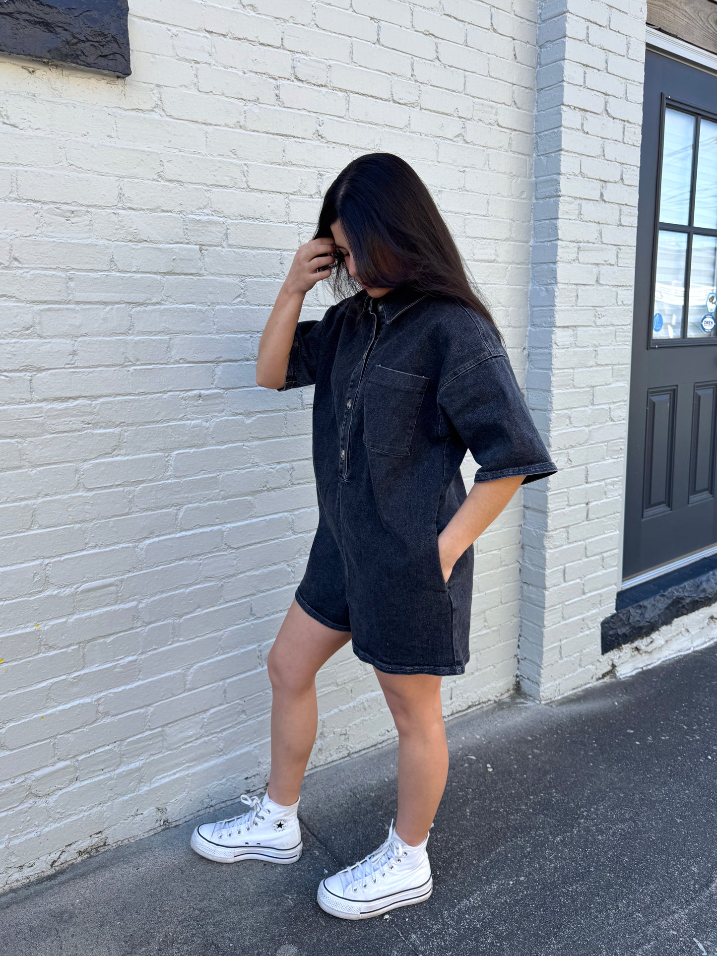 Classic Washed Black Denim Romper