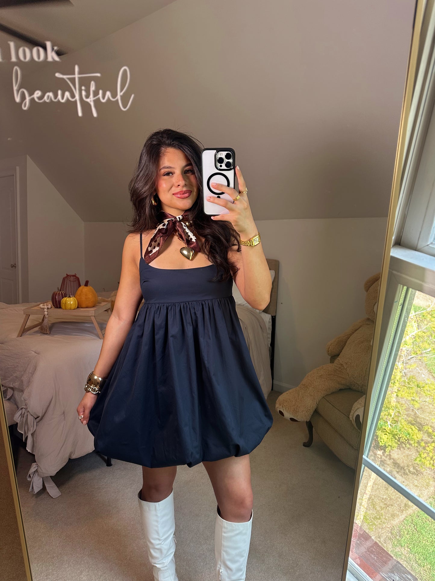 Navy Poplin Bubble Hem Dress