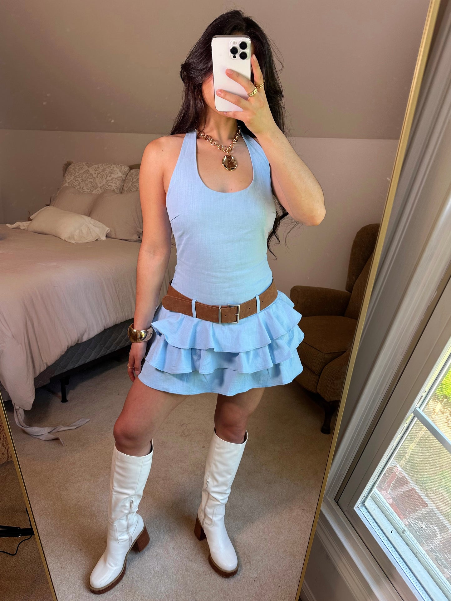 Baby Blue Ruffle Belted Halter Romper