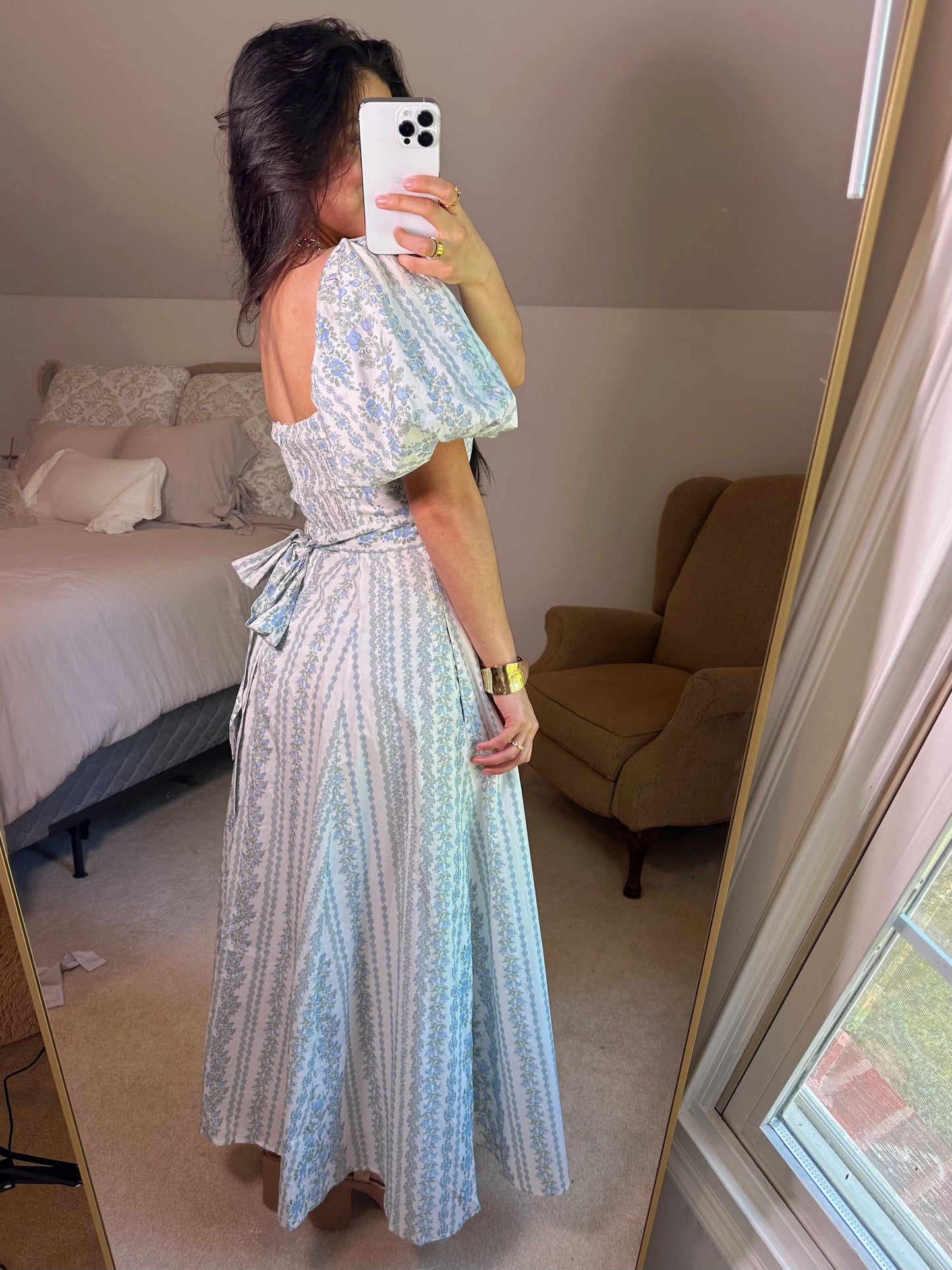 Blue Florals Puff Sleeve Maxi Dress