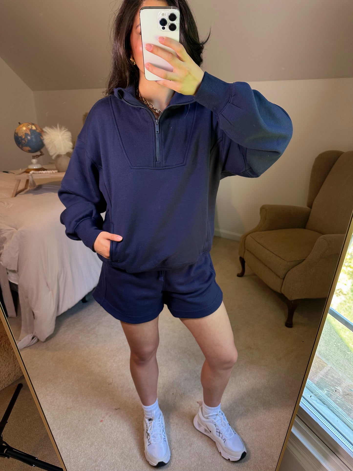 Navy Quarter Zip Sweater and Shorts Set