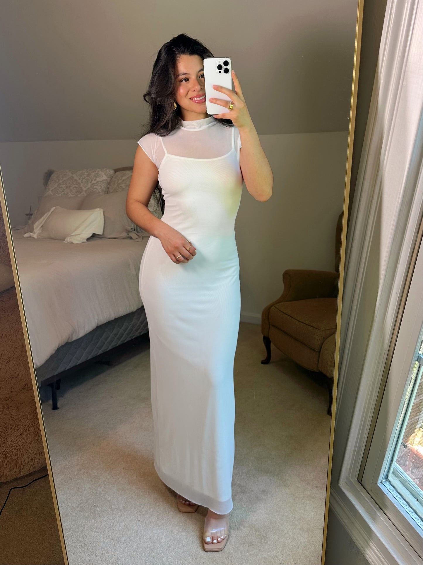 White Mockneck Mesh Maxi Dress