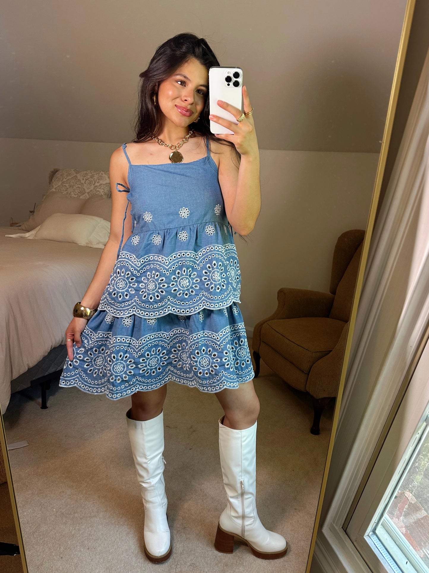 Blue Floral Embroidery Dress
