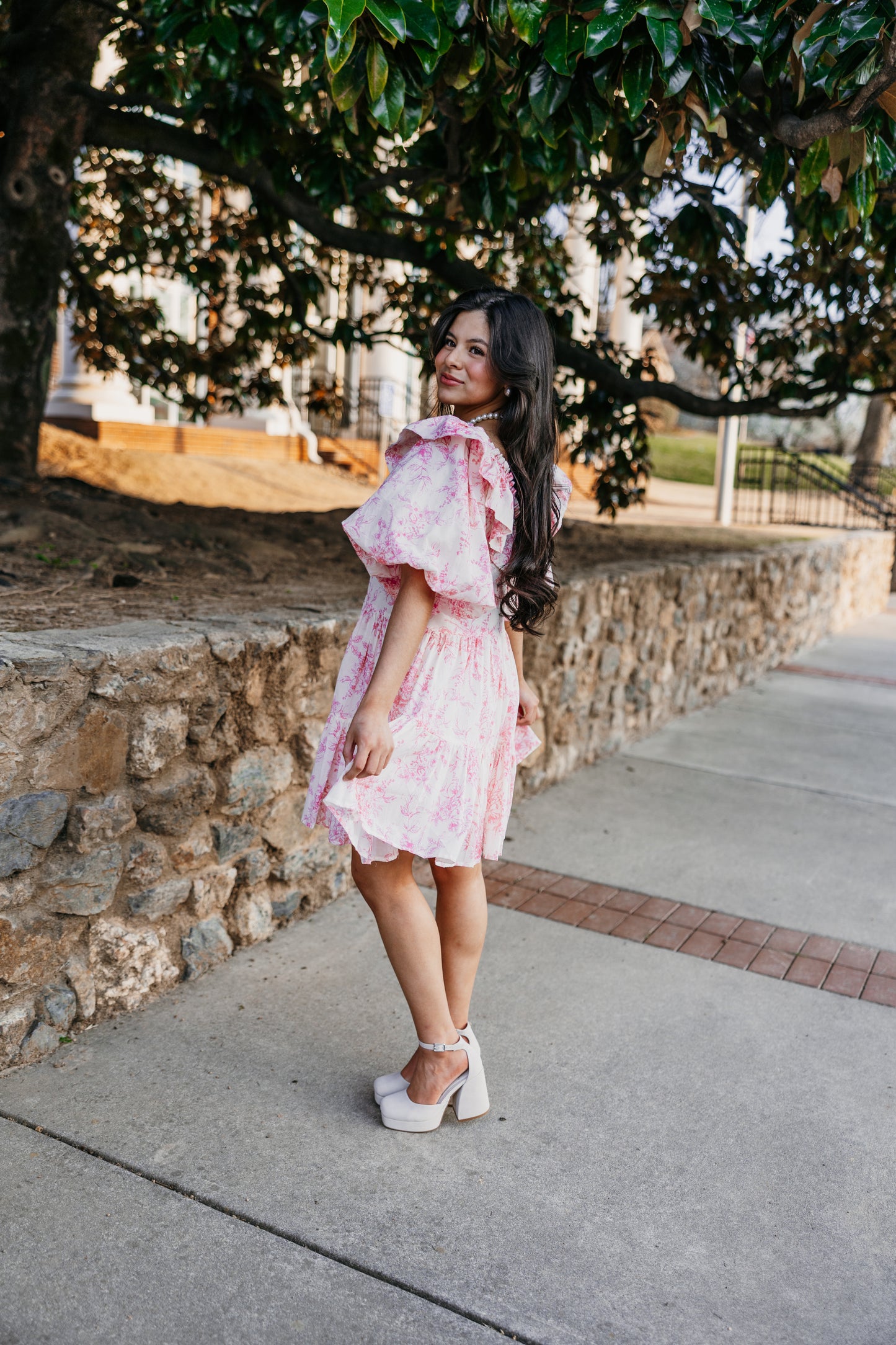 Pink Roses Ruffle V-Neck Dress