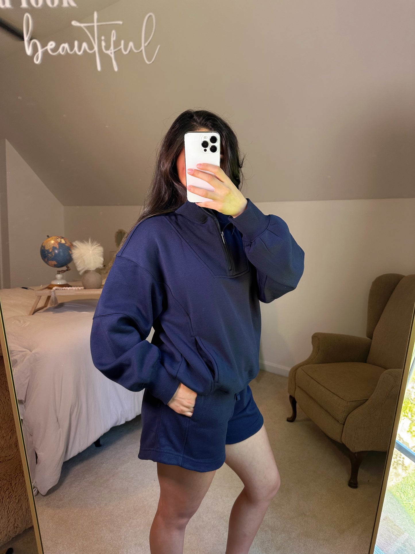 Navy Quarter Zip Sweater and Shorts Set