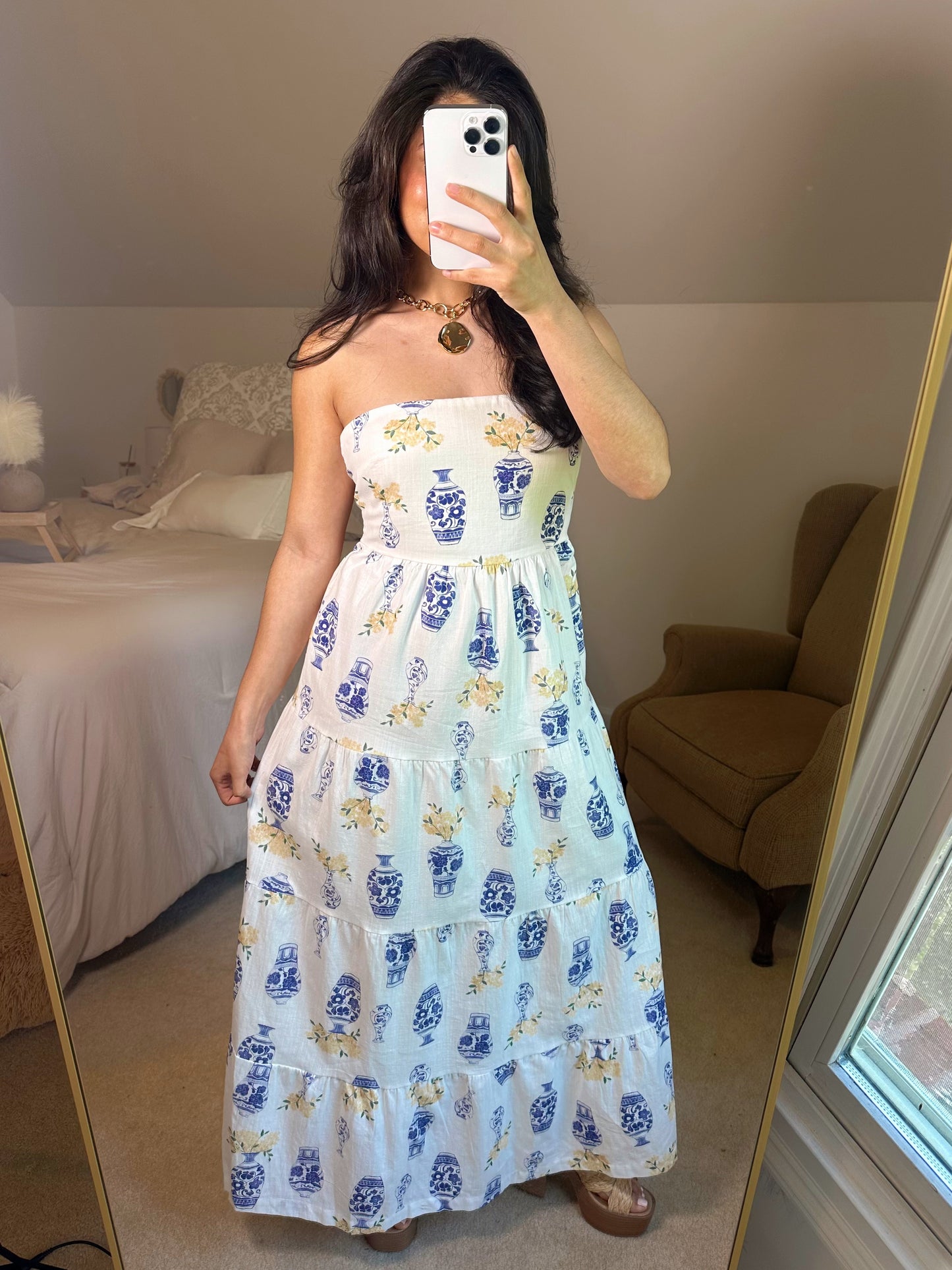 Greece Flower Vase Tube Open Back Dress