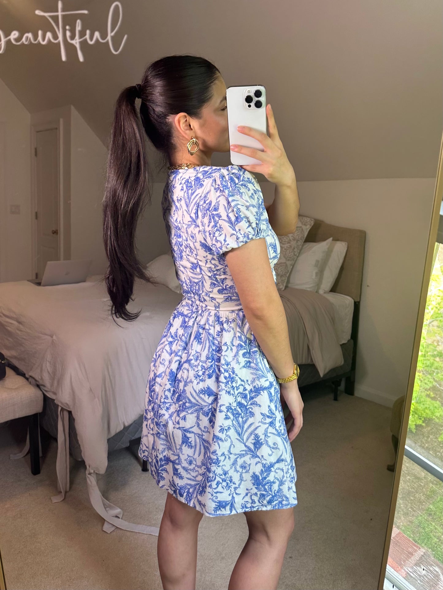 Blue Vines Plunge Neckline Mini Dress