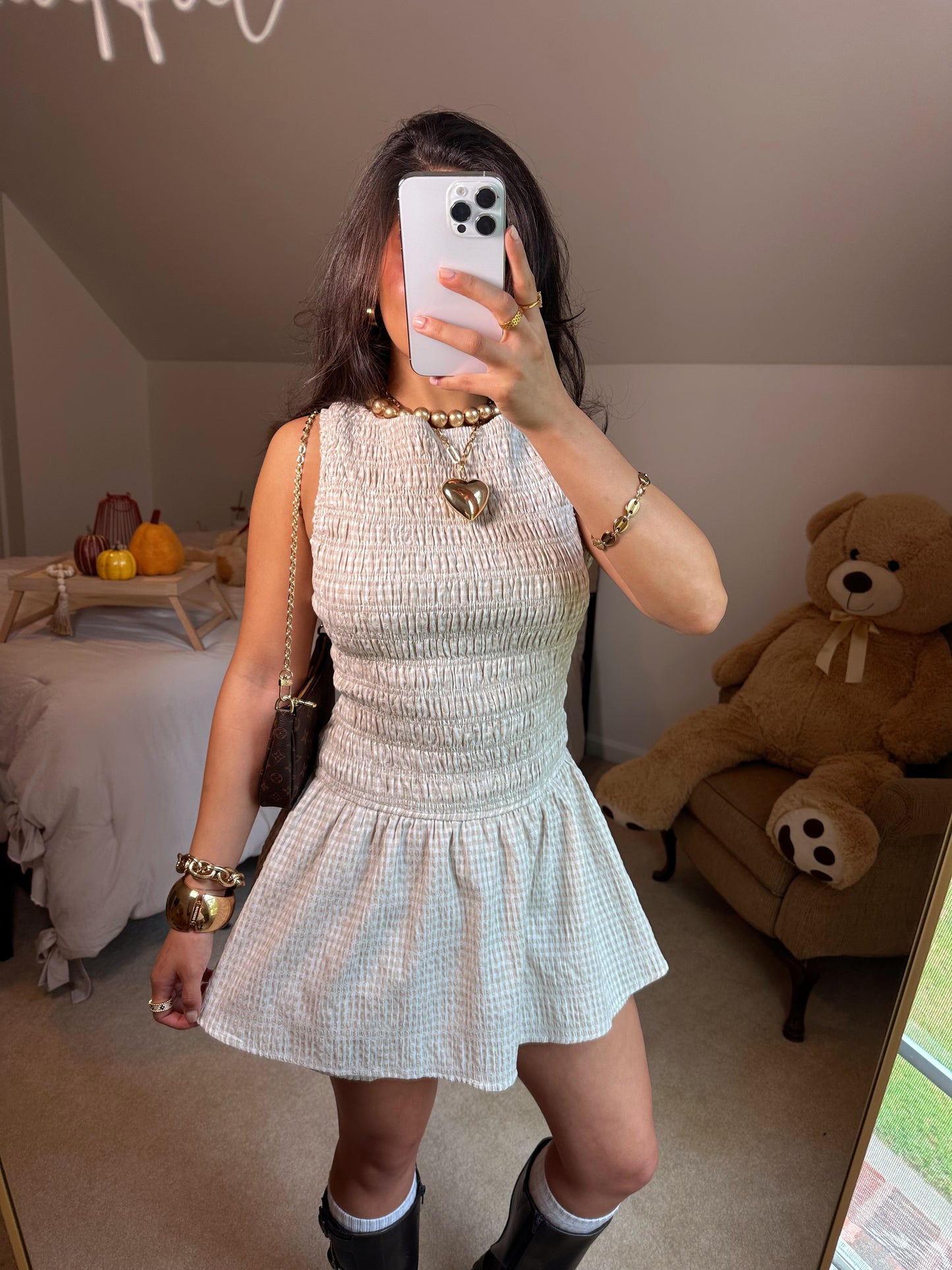 Taupe & White Gingham Romper