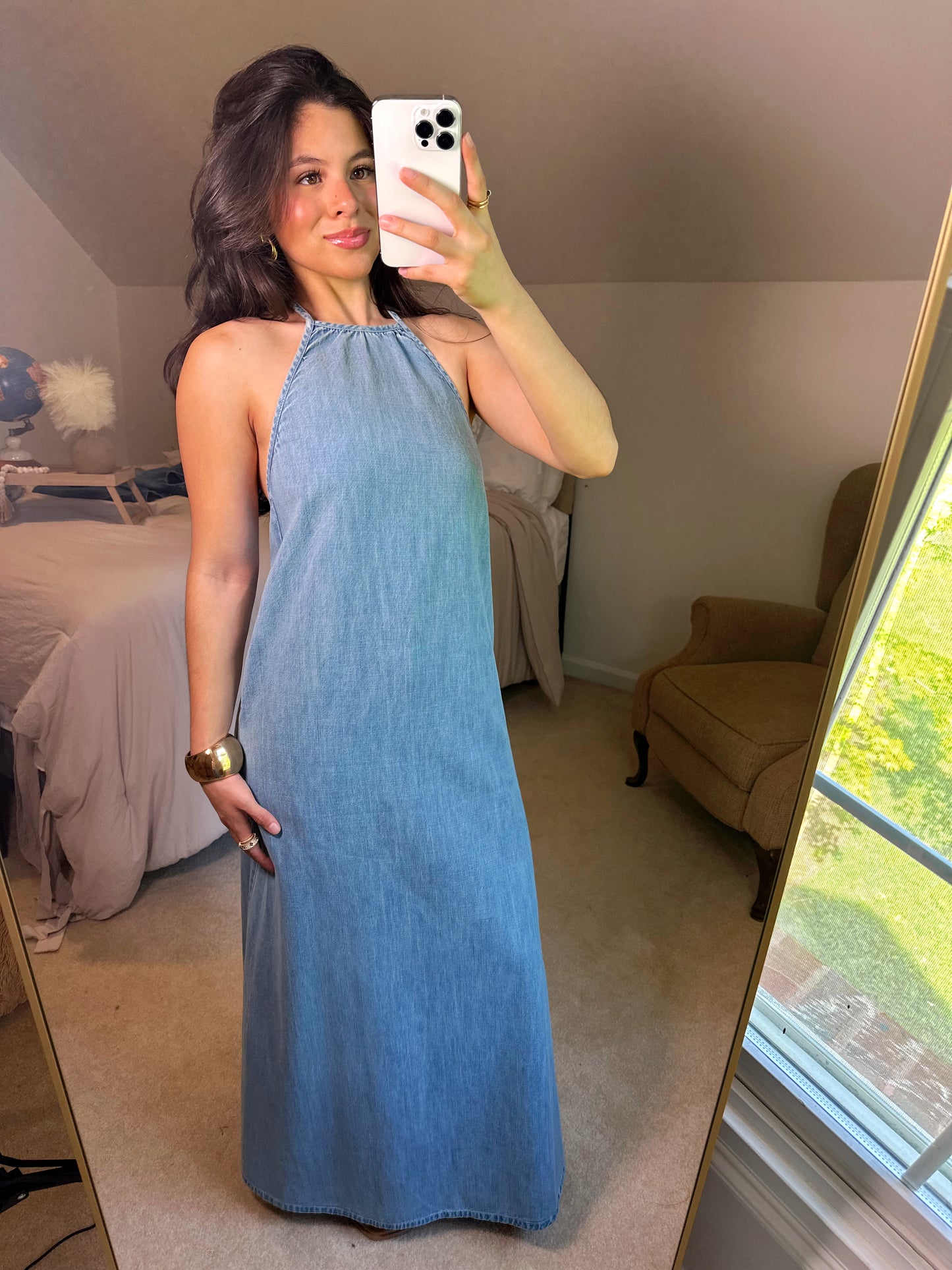 Denim Halter Open Back Maxi Dress