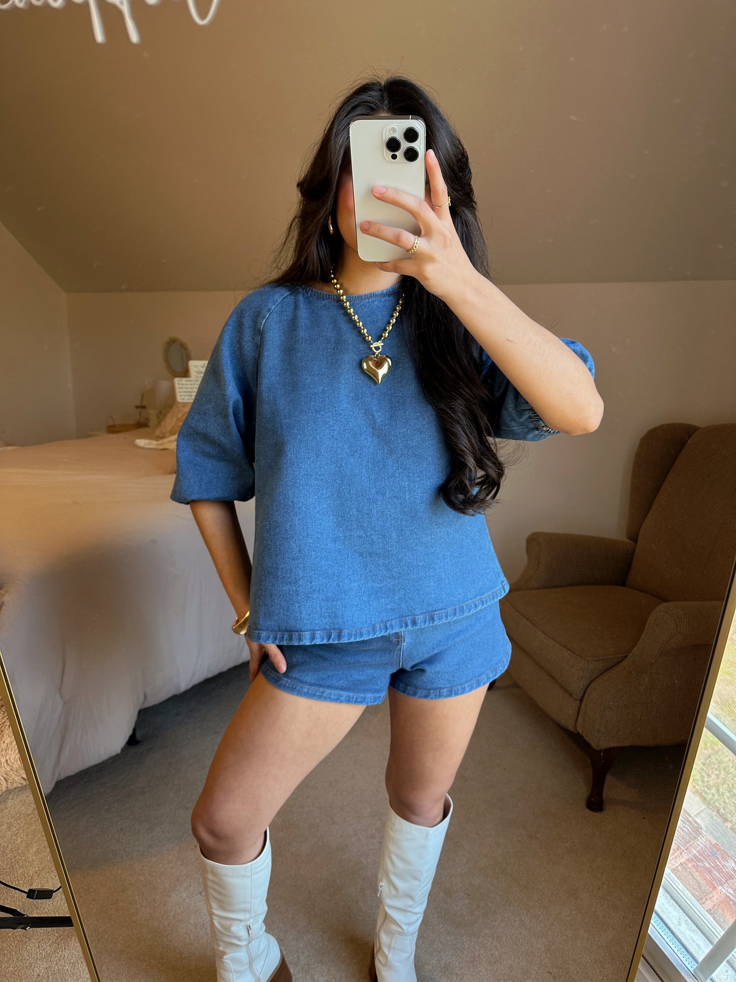 Denim Puff Sleeve Top & Shorts Set