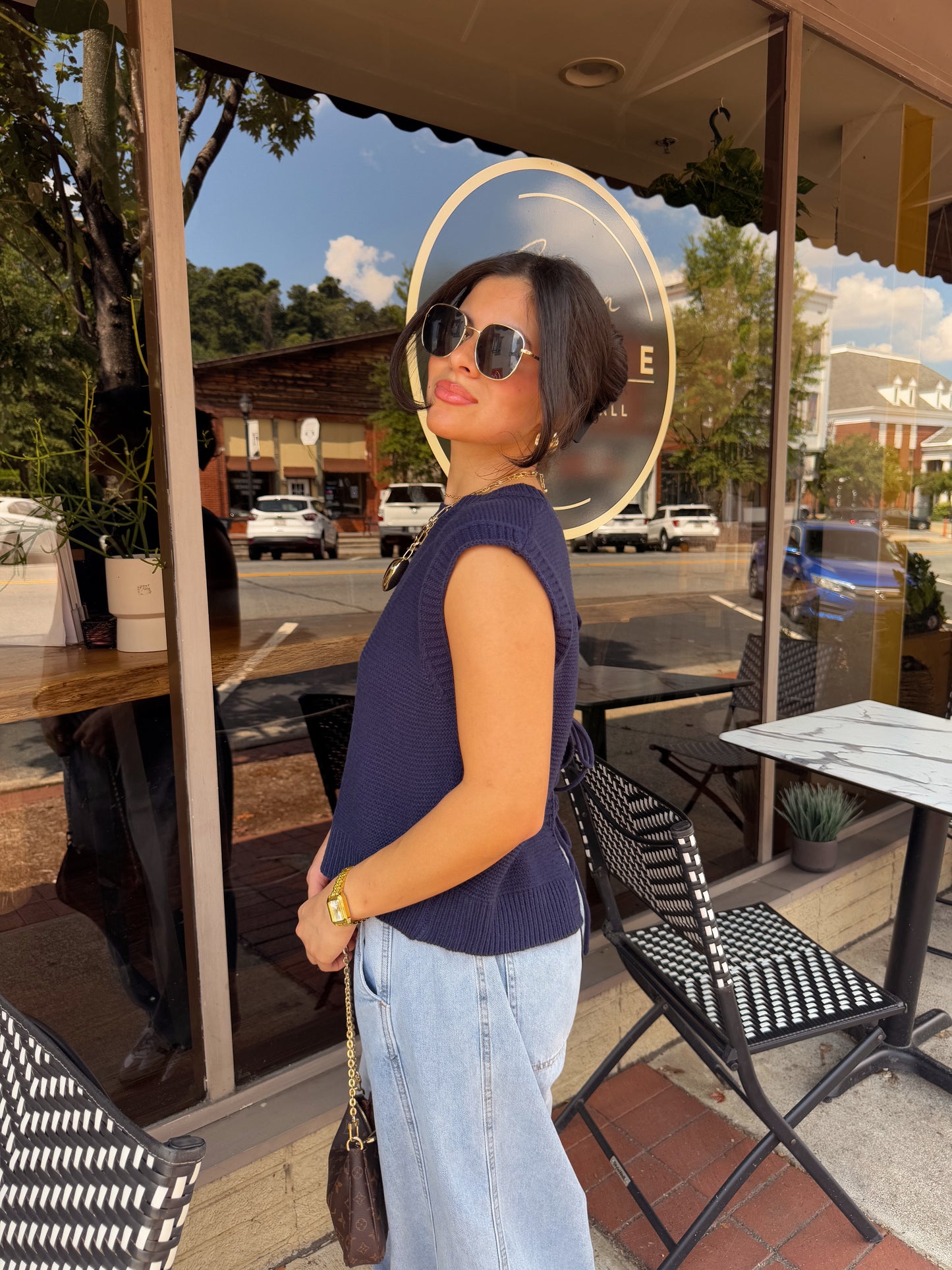 Navy Open Back Knit Top