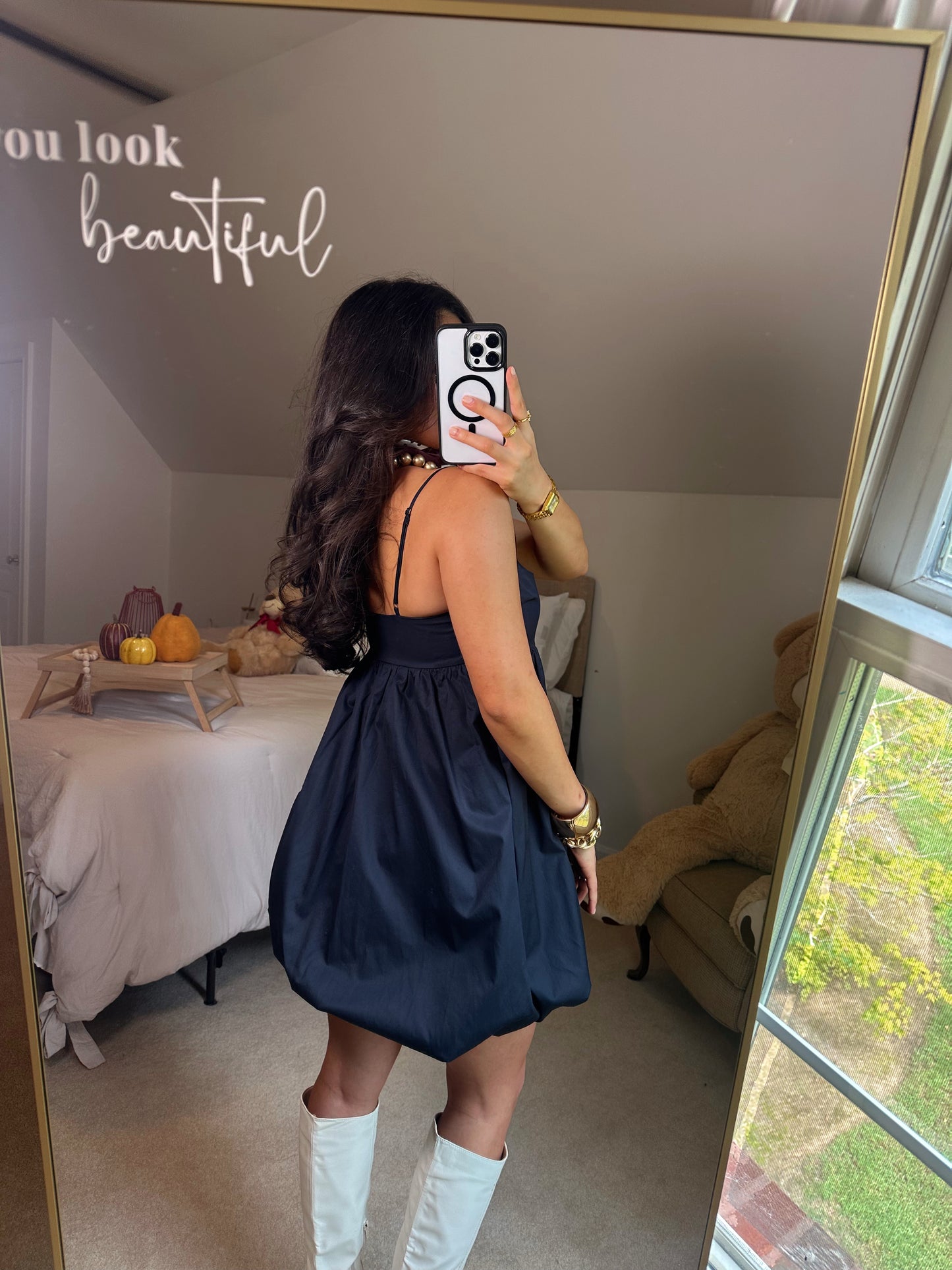 Navy Poplin Bubble Hem Dress