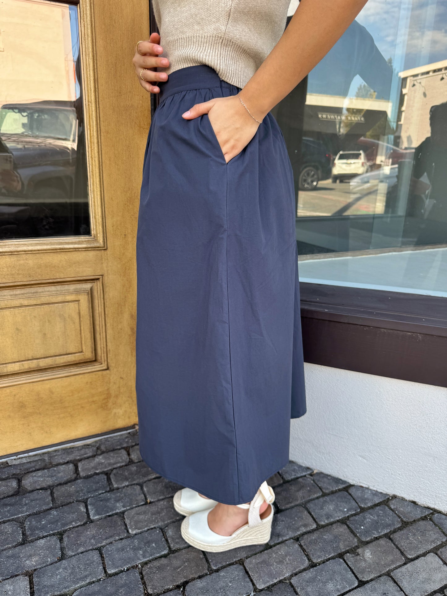 Navy Poplin Midi Skirt