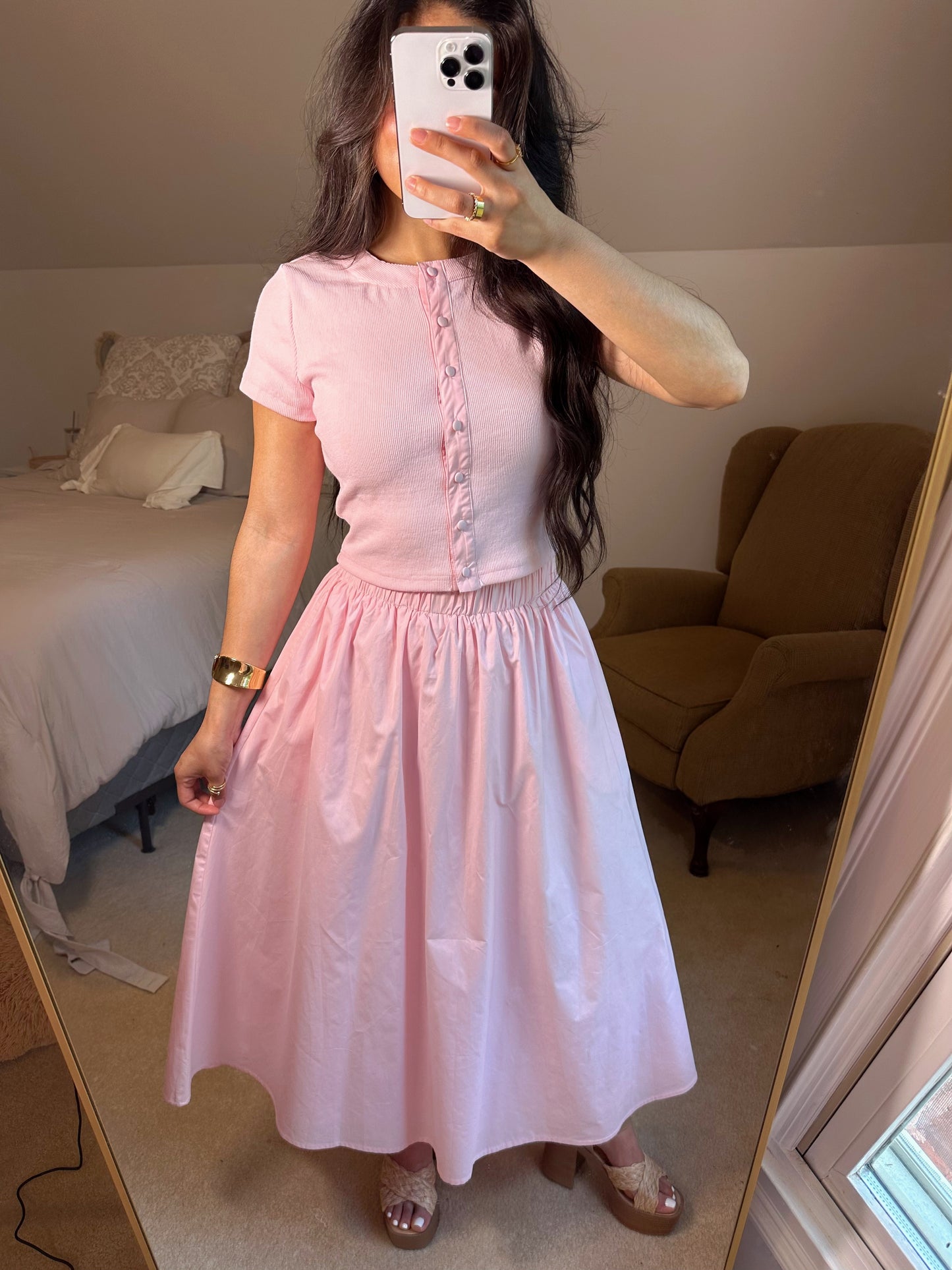 Baby Pink Button Top & Skirt Set
