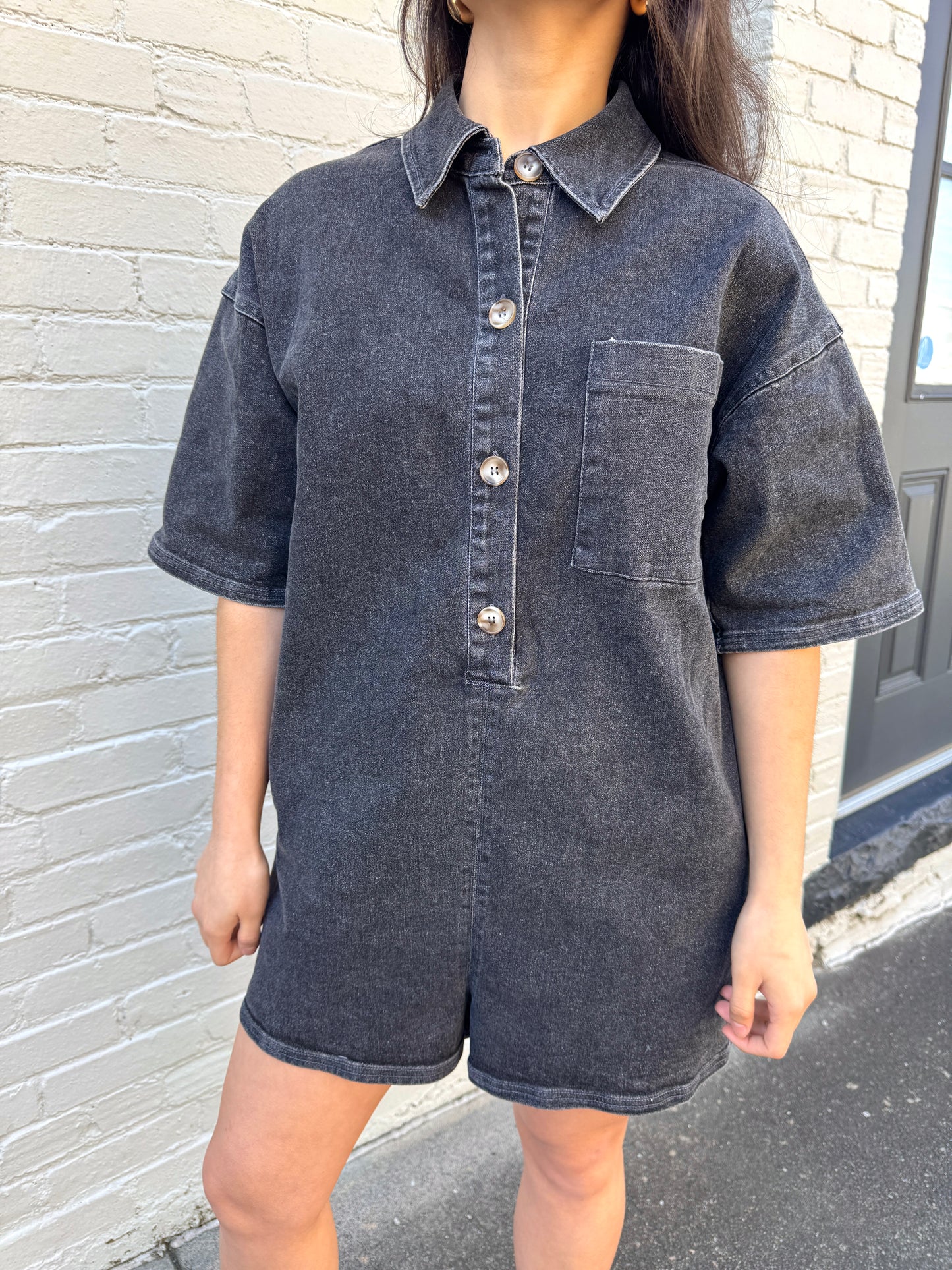 Classic Washed Black Denim Romper