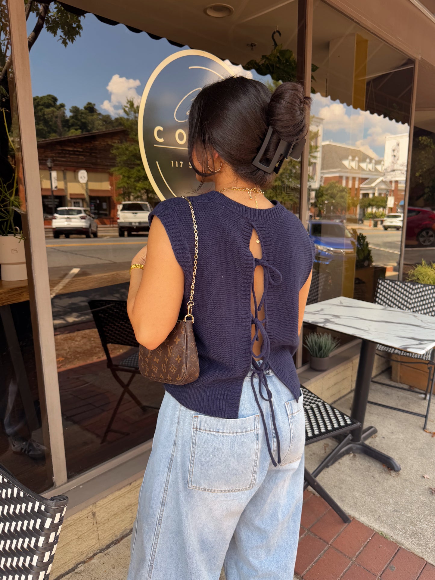 Navy Open Back Knit Top
