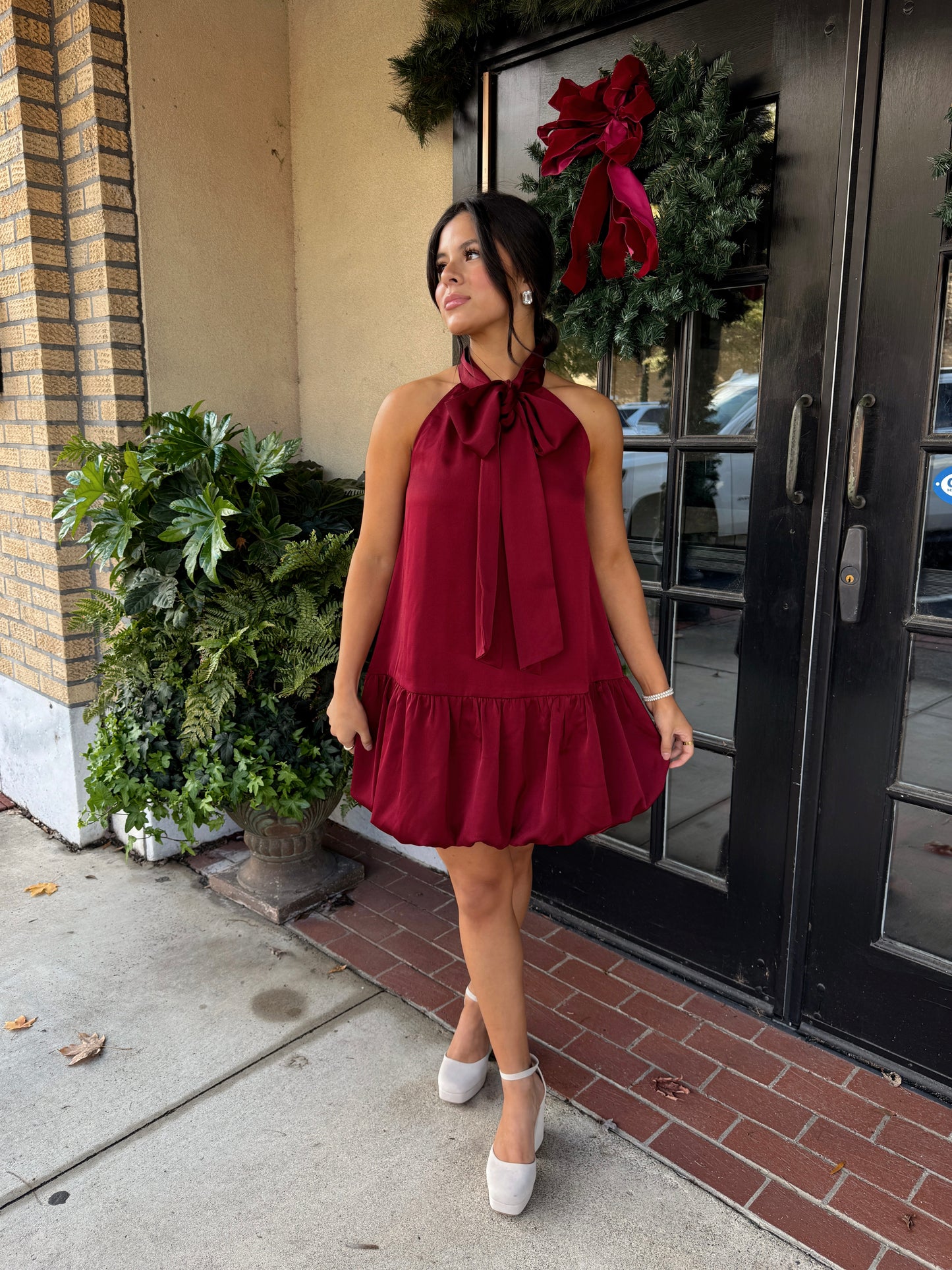 Wine Satin Halter Bow Dress
