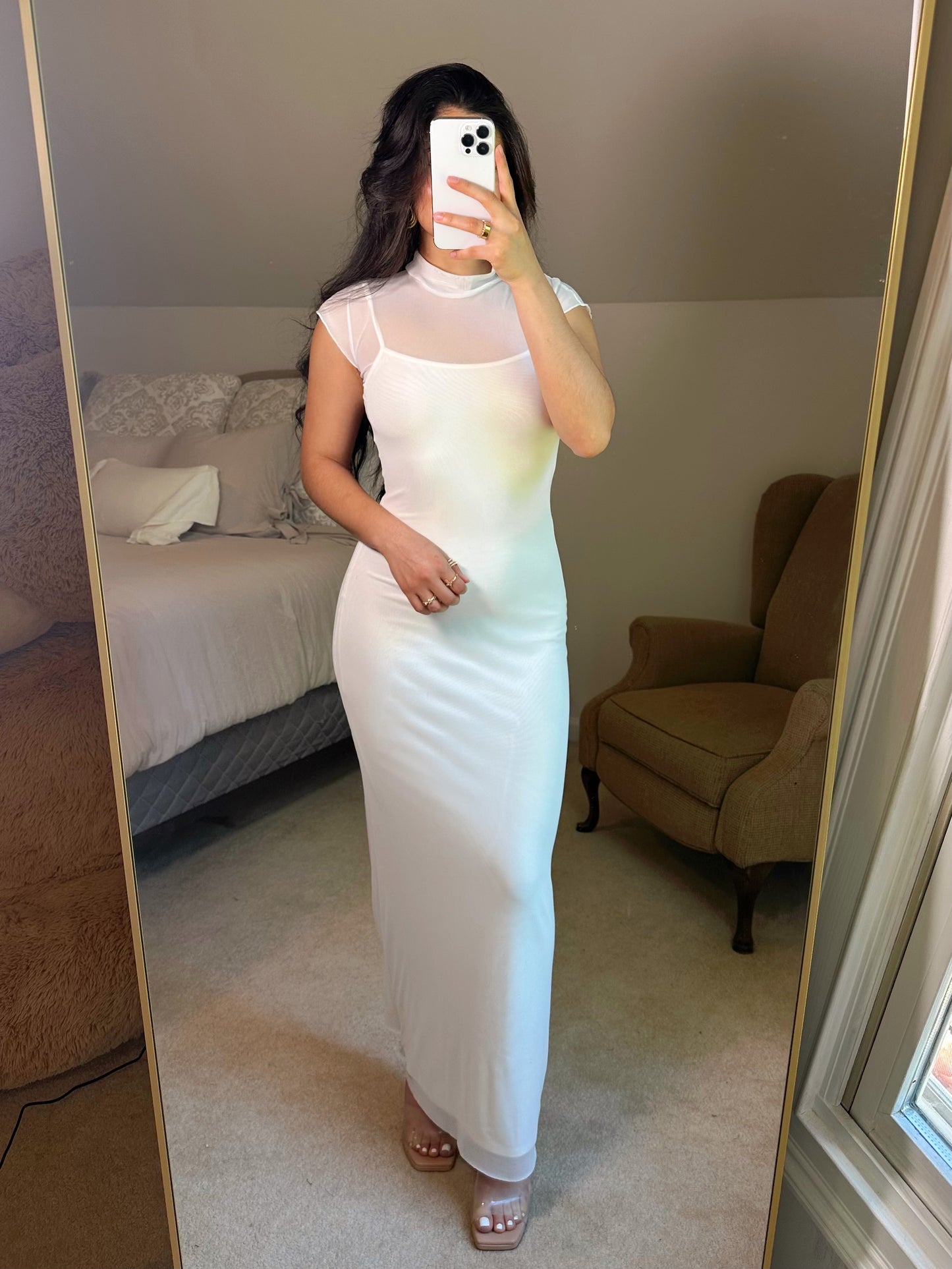 White Mockneck Mesh Maxi Dress