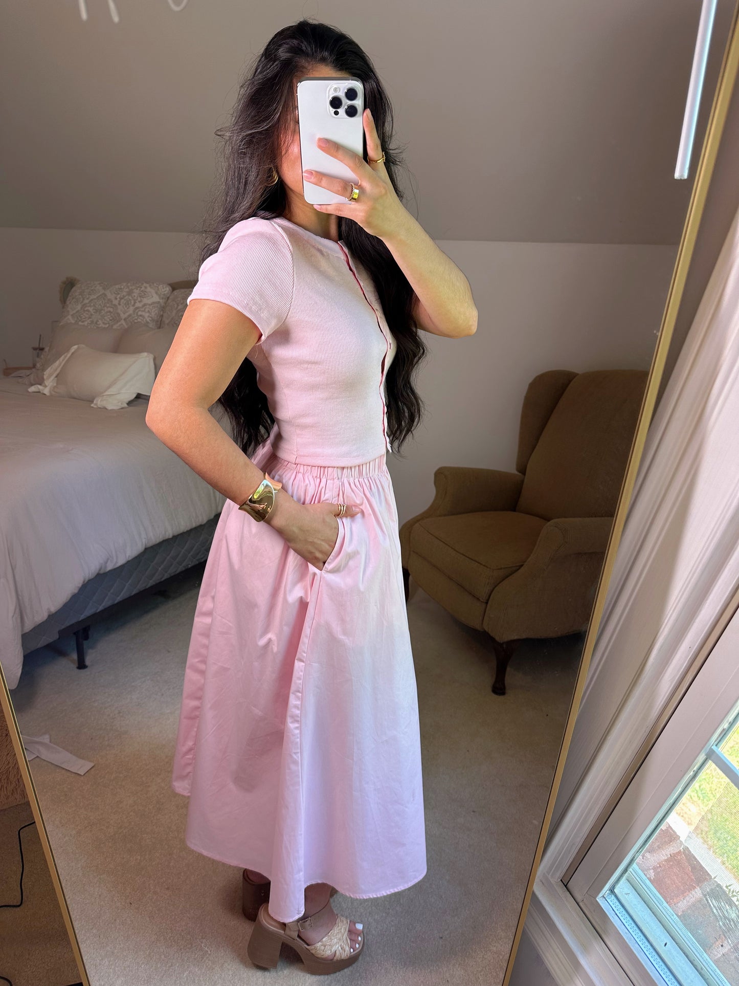 Baby Pink Button Top & Skirt Set