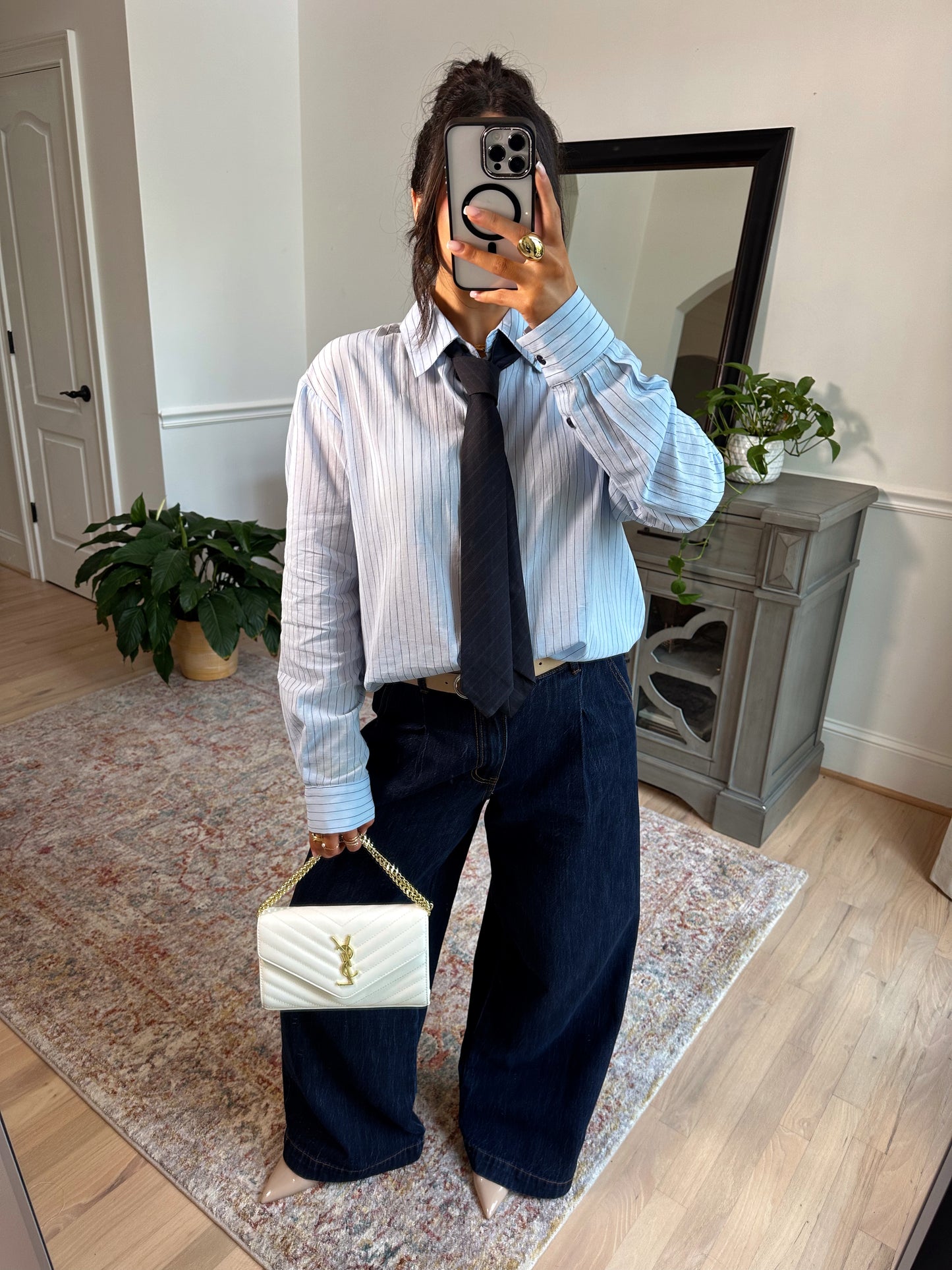 Power & Poise Pinstripe Blouse W/ Tie
