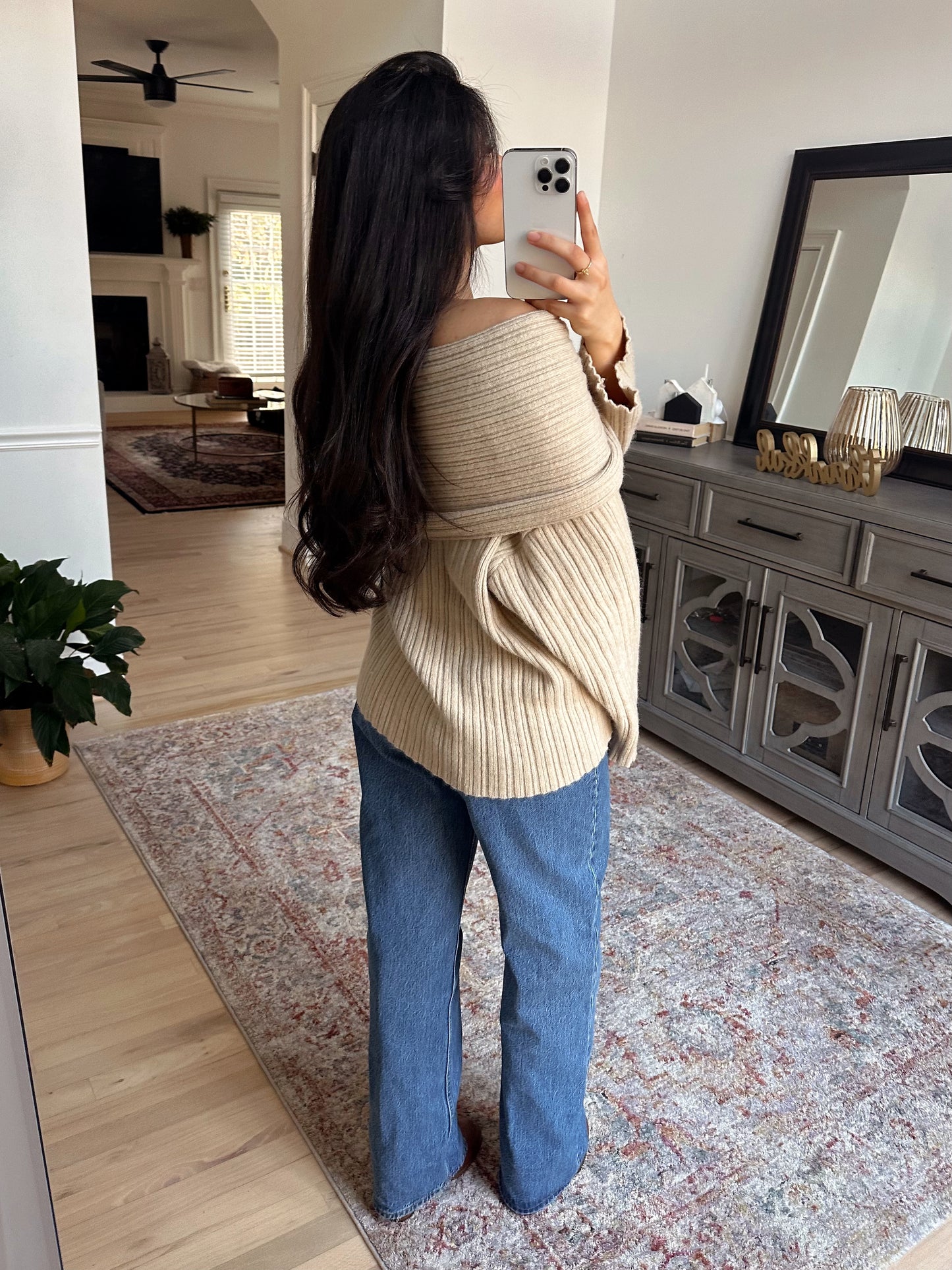 Tan Chunky Off-Shoulder Sweater