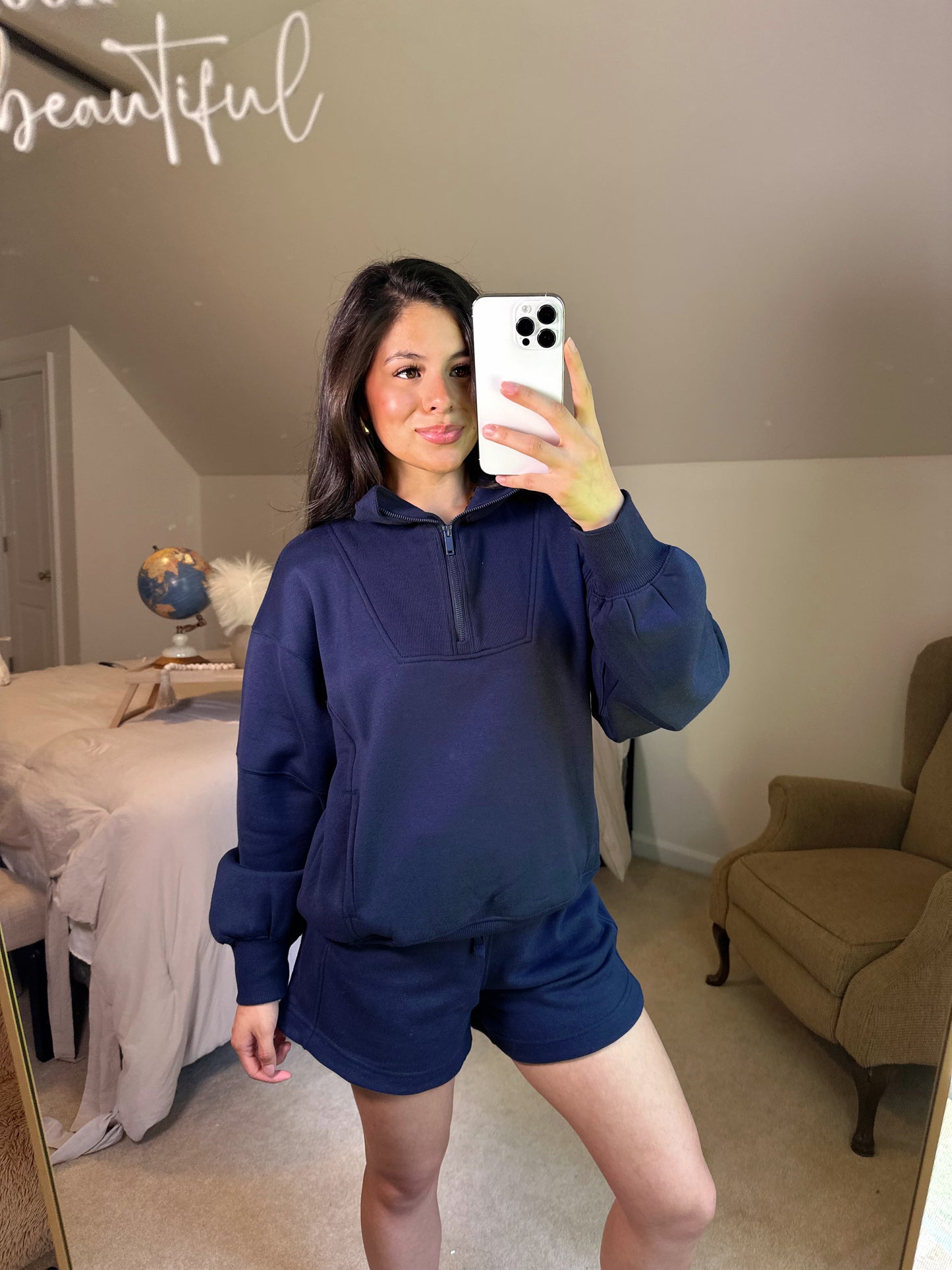 Navy Quarter Zip Sweater and Shorts Set
