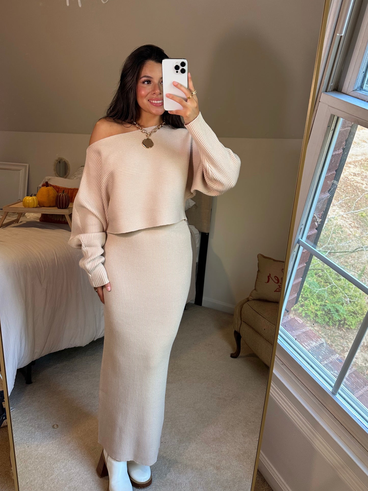 Light Taupe Sweater & Skirt Set
