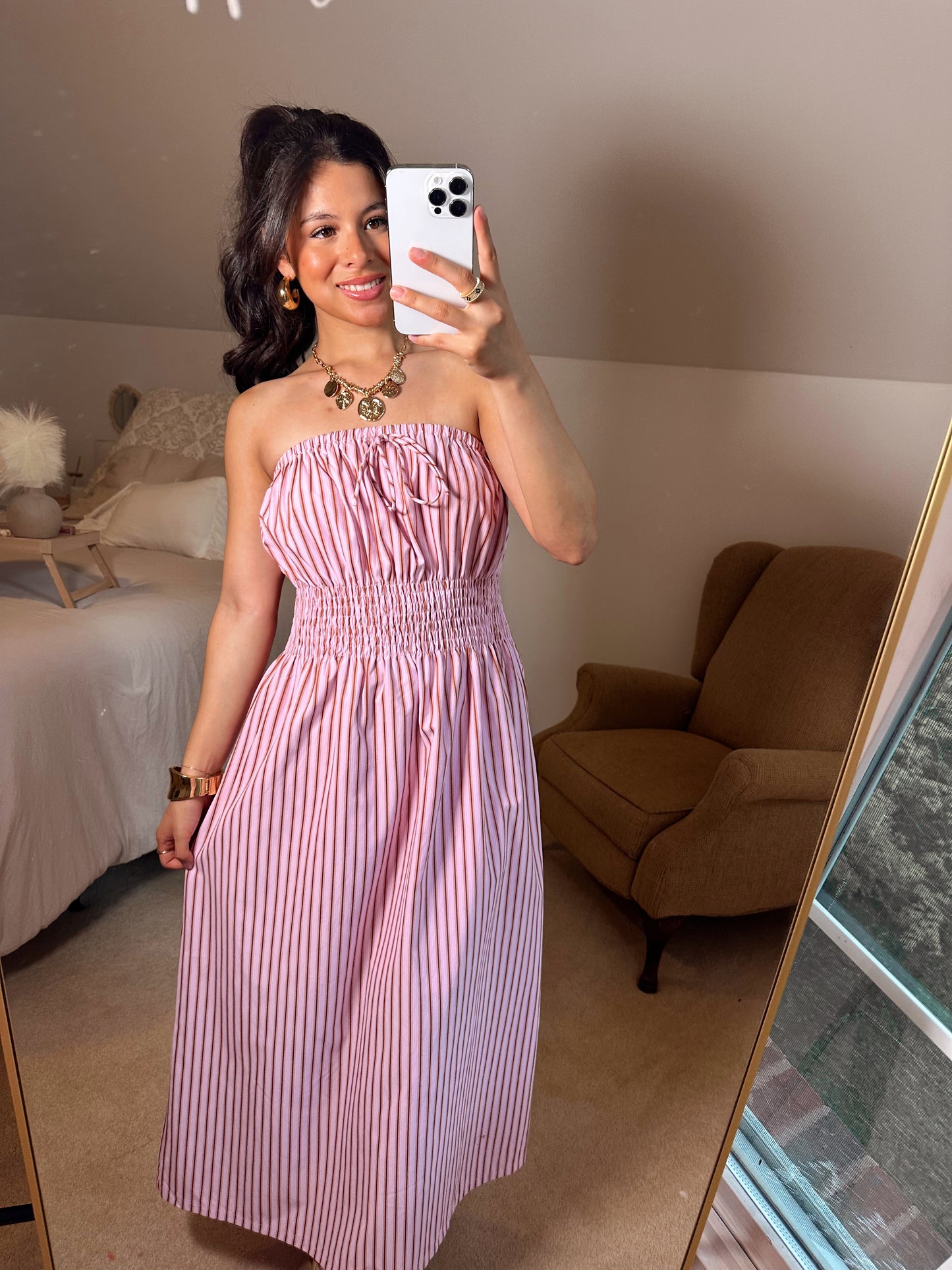 Pink Striped Tube Midi Dress