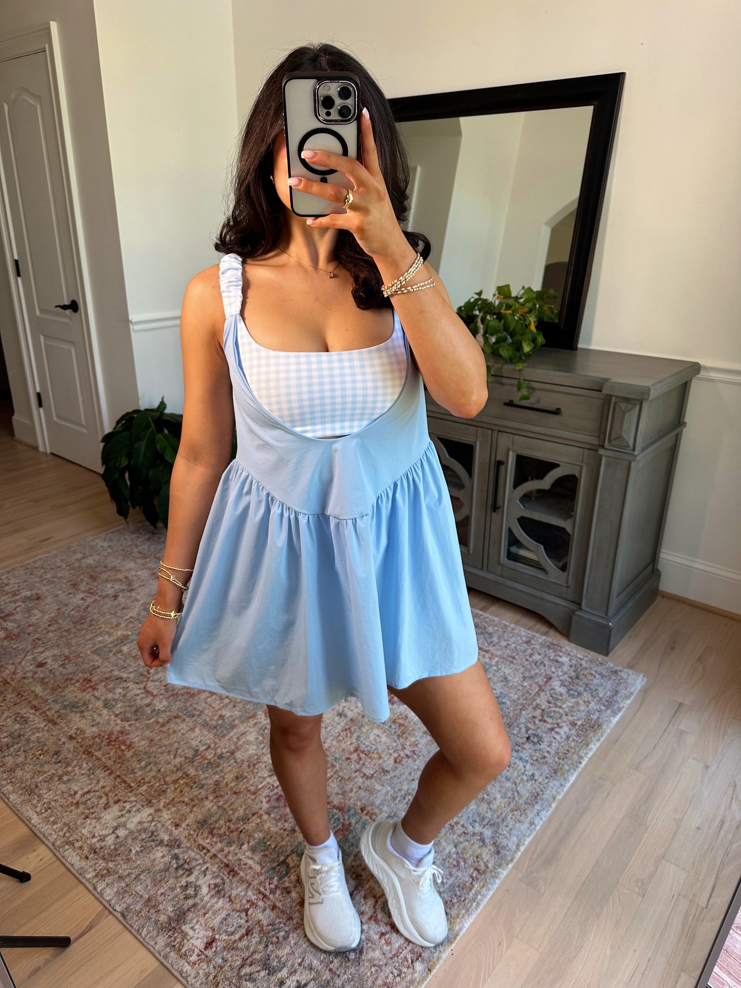 Sky Blue Gingham Active Romper Dress