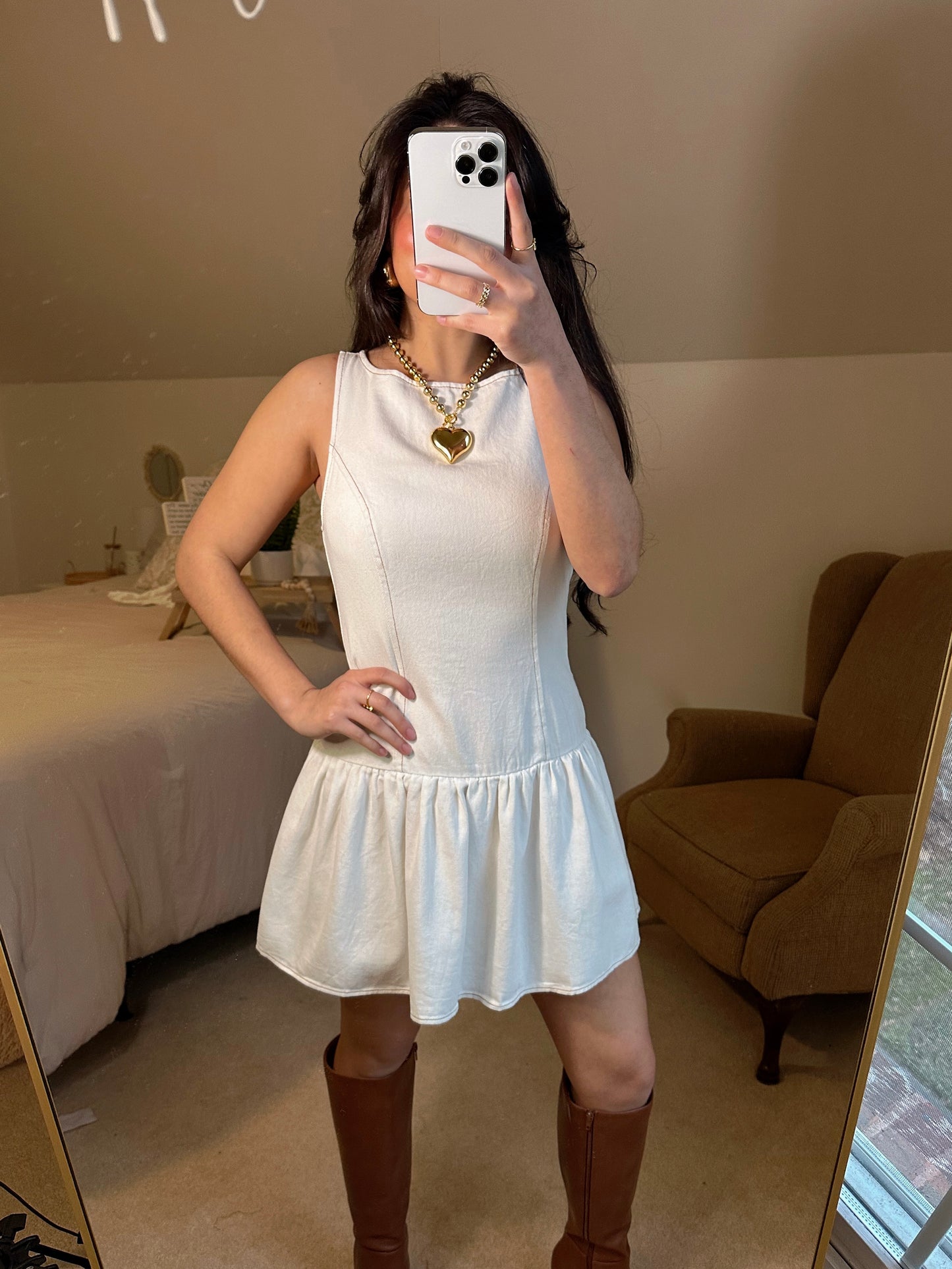 White Denim Drop-Waist Dress