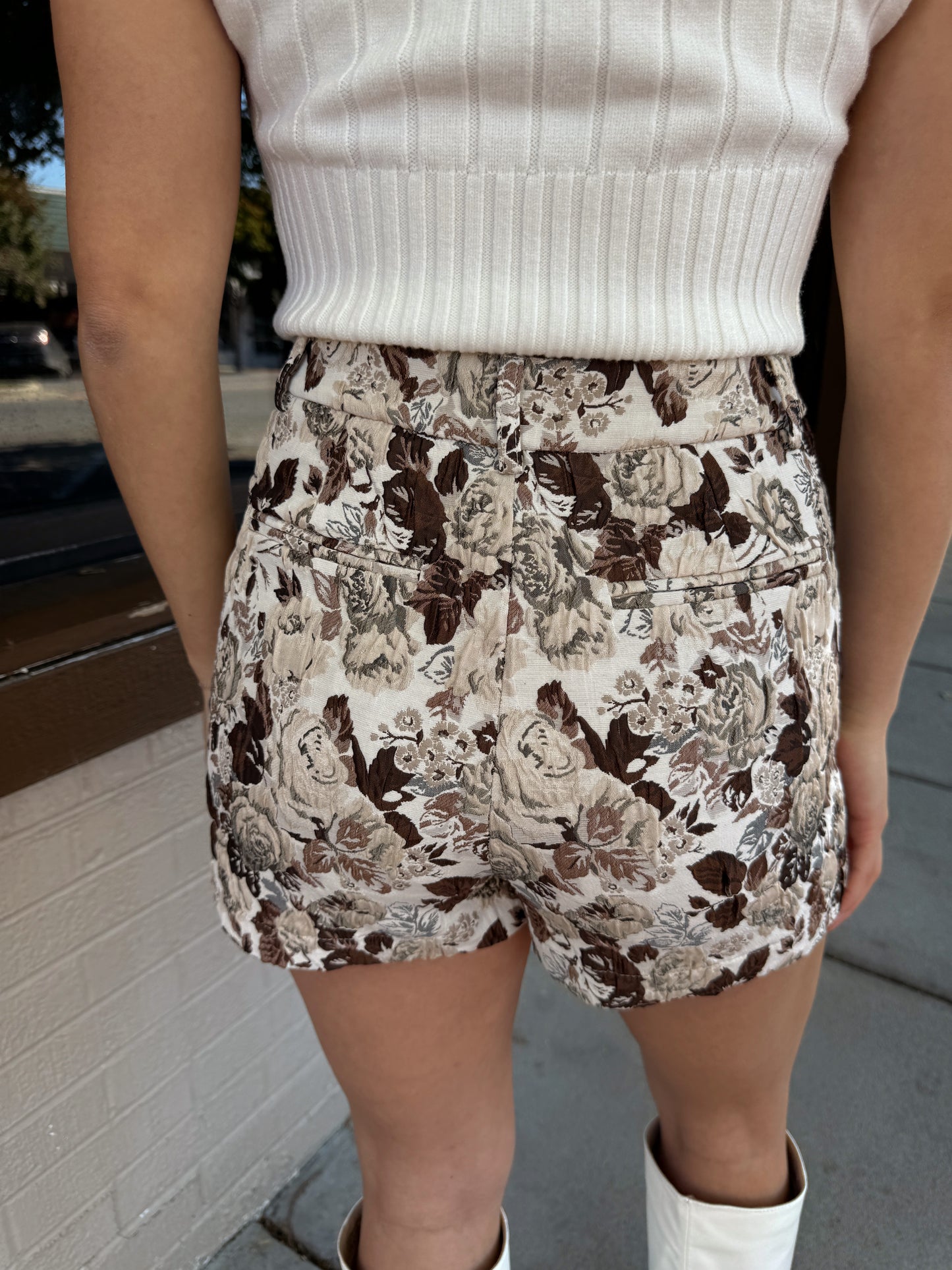 Brown Floral Jacquard Skort