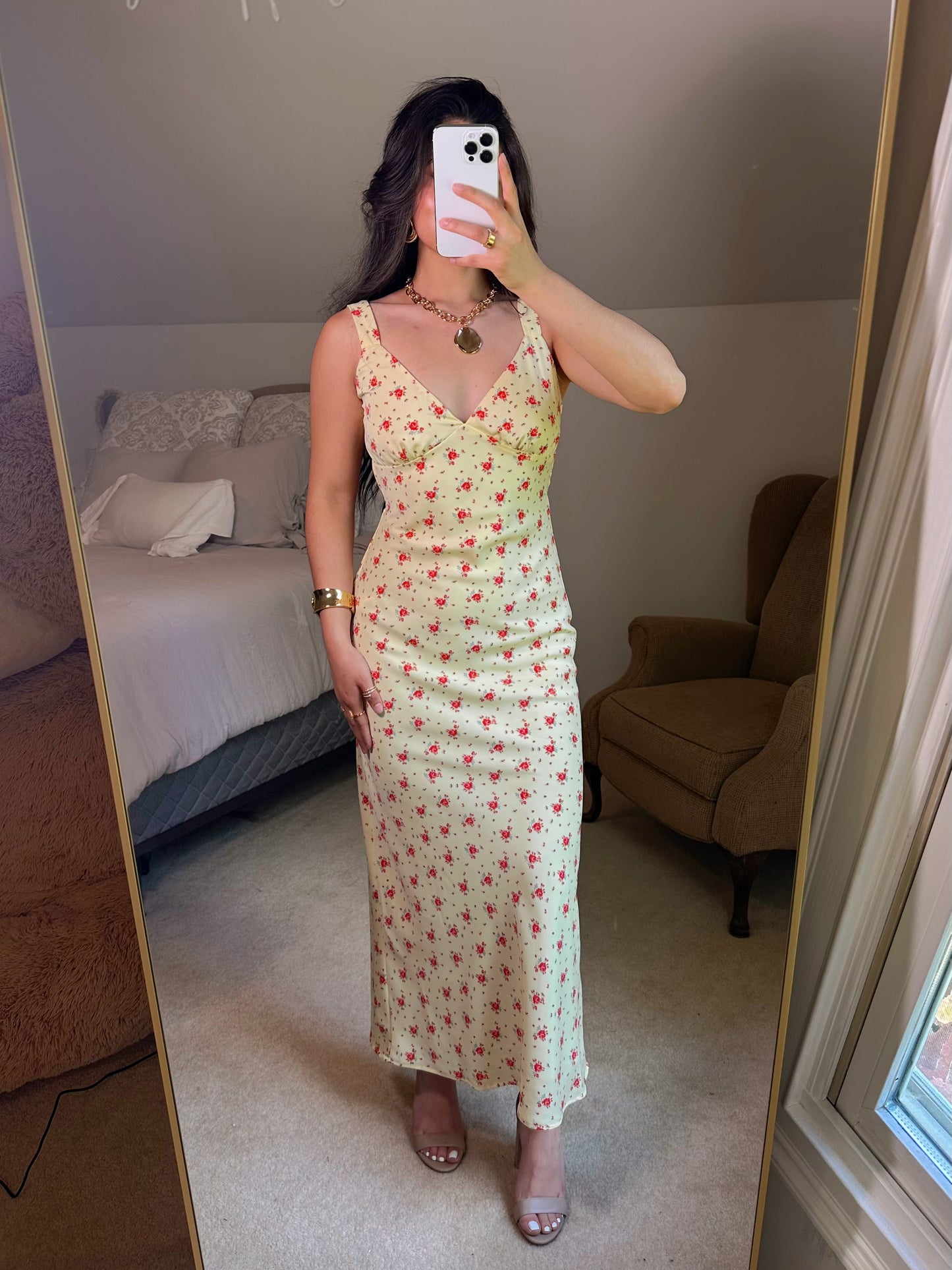 Yellow & Red Floral Satin Midi Dress
