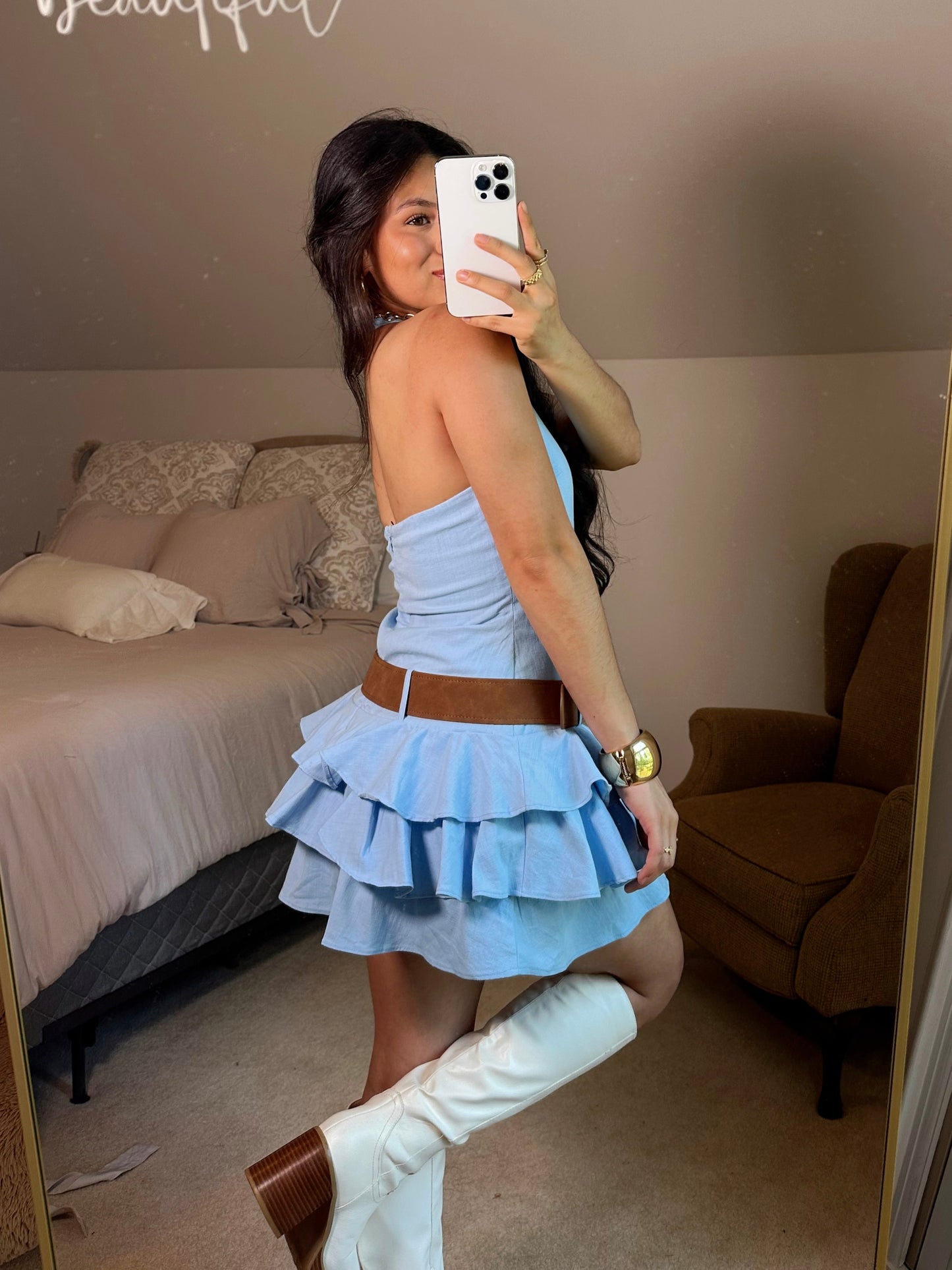 Baby Blue Ruffle Belted Halter Romper