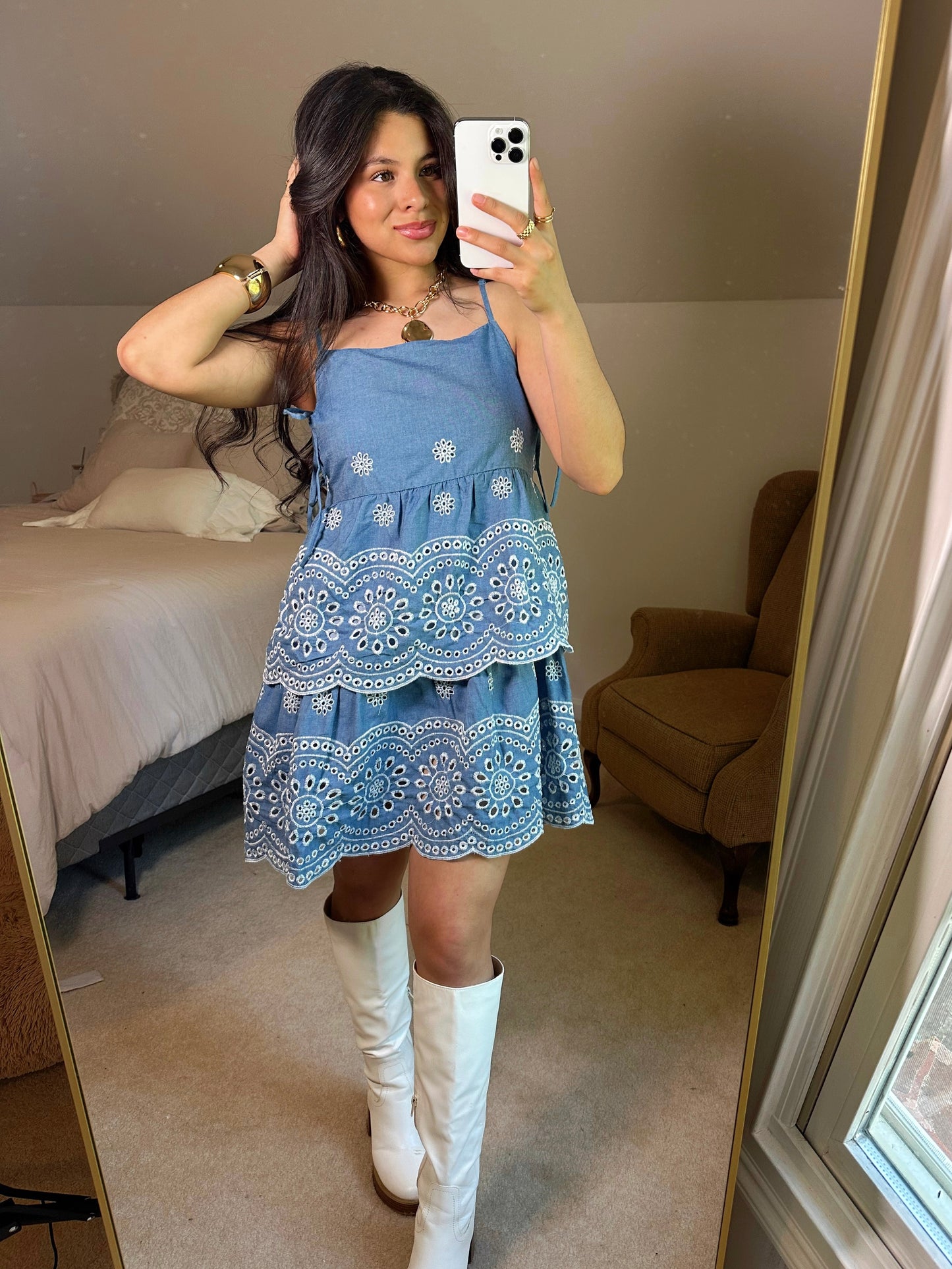 Blue Floral Embroidery Dress