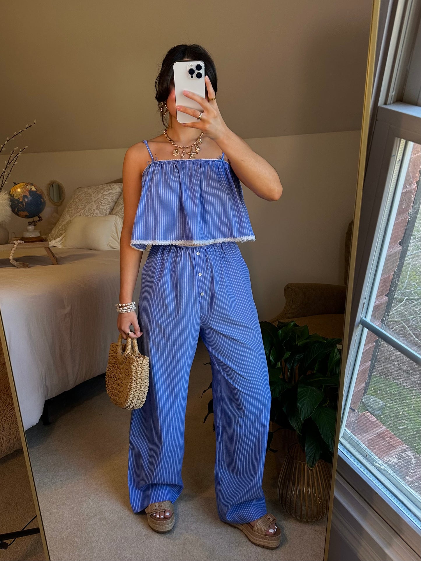 Blue Striped Poplin Cami & Pants Set