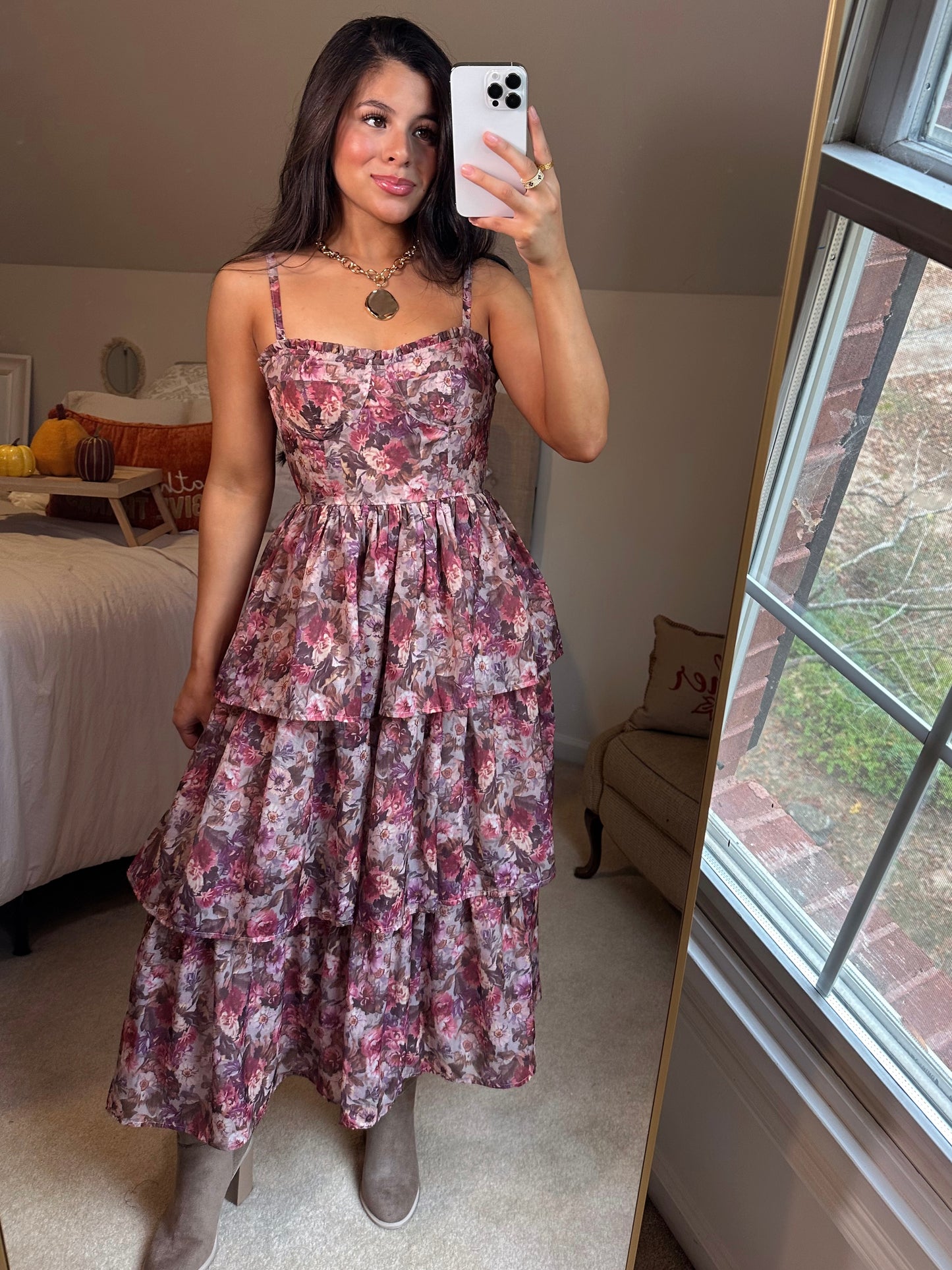 Pink Hues Floral Tiered Midi Dress