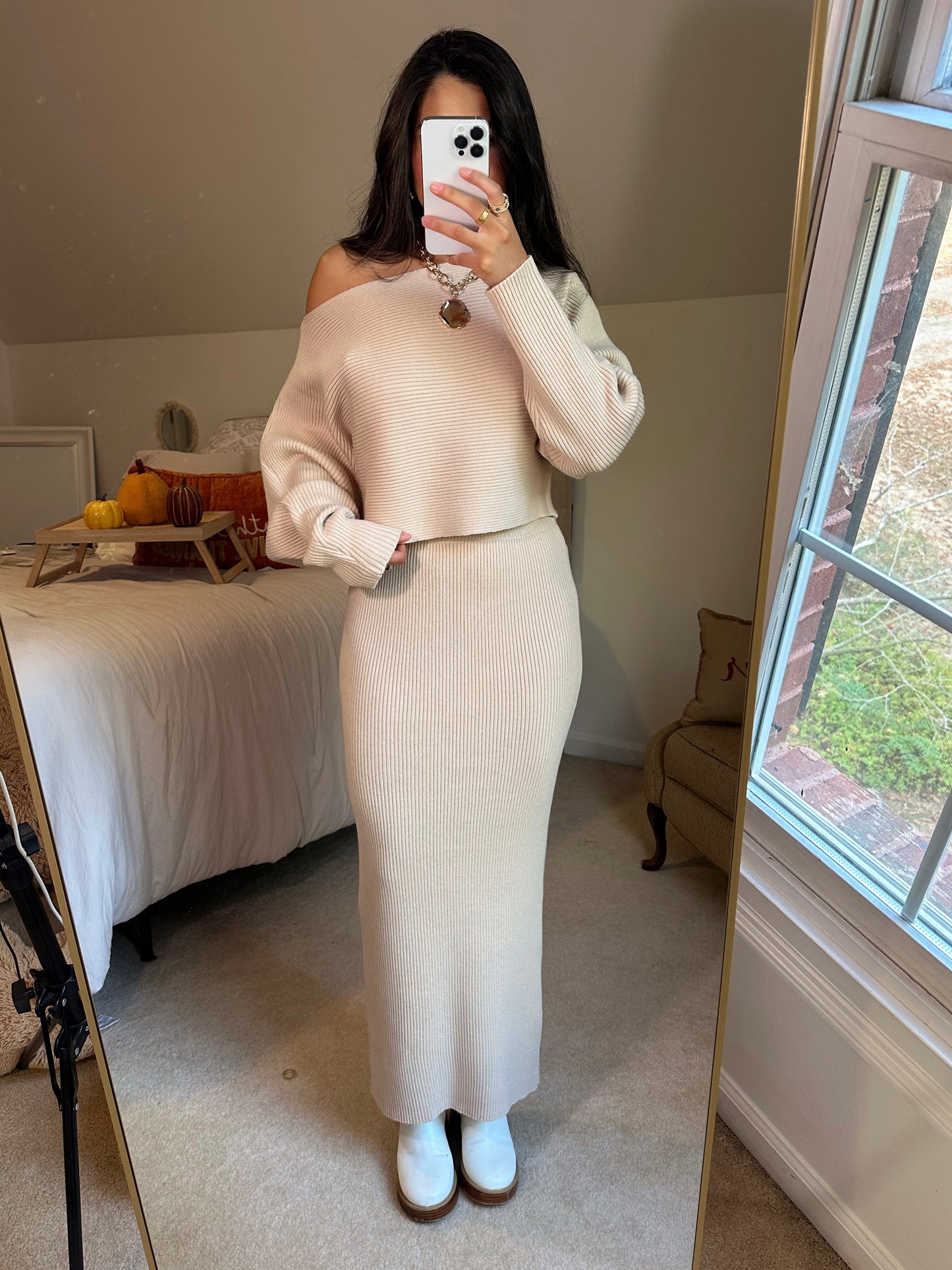 Light Taupe Sweater & Skirt Set